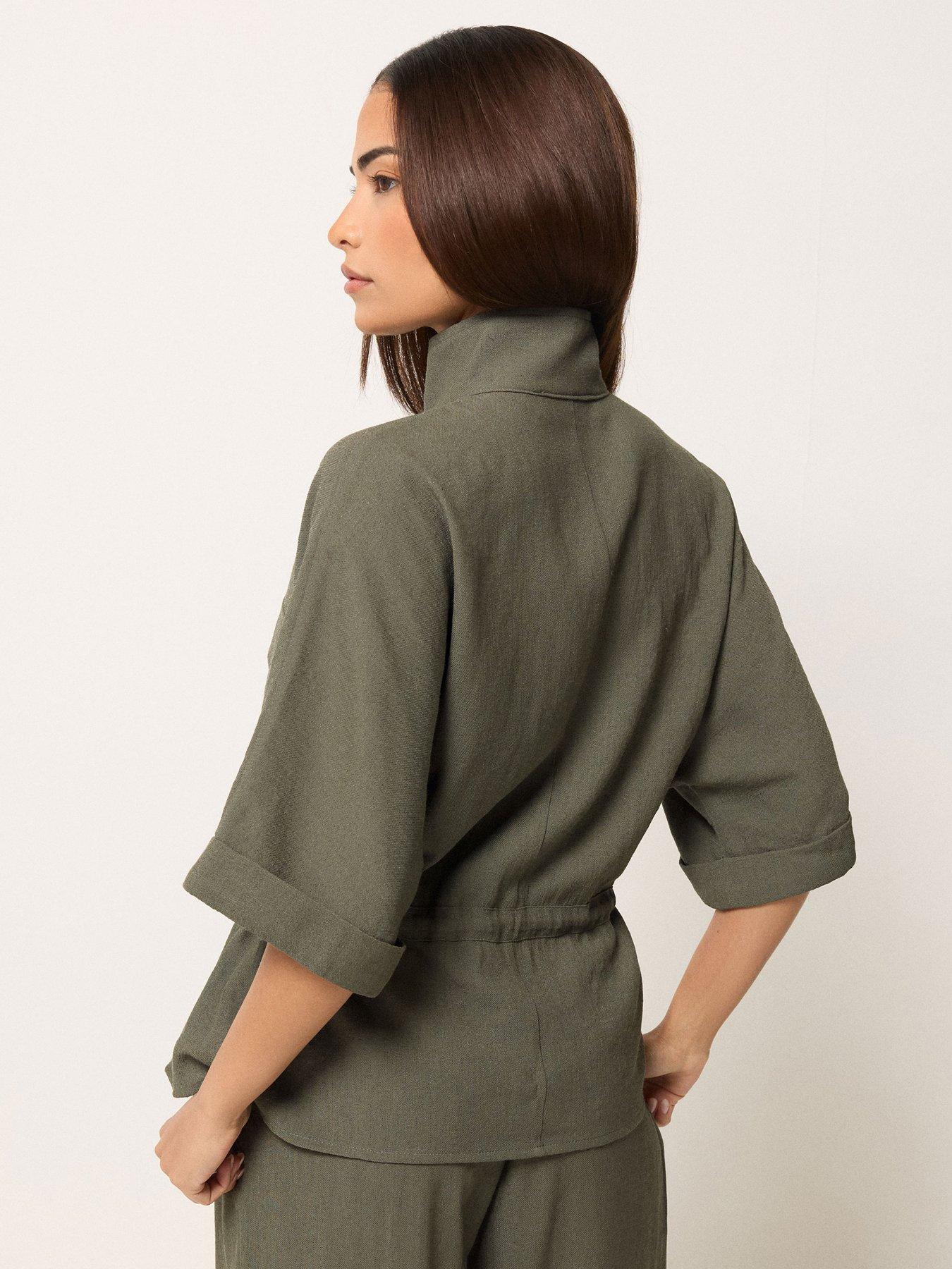 Image 2 of 5 of PixieGirl Petite Short Sleeve Linen Look Tie Shacket - Green