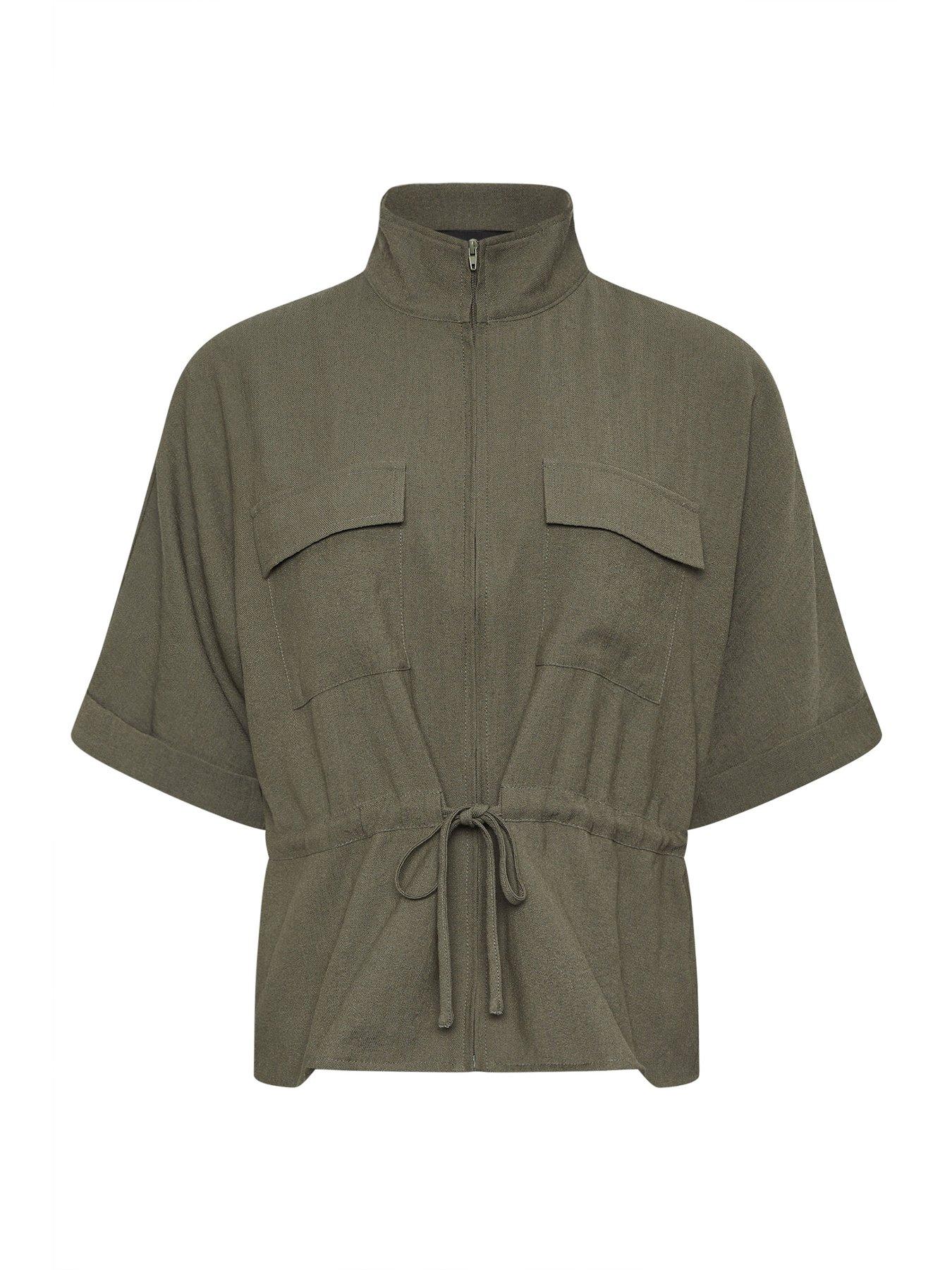 Image 5 of 5 of PixieGirl Petite Short Sleeve Linen Look Tie Shacket - Green