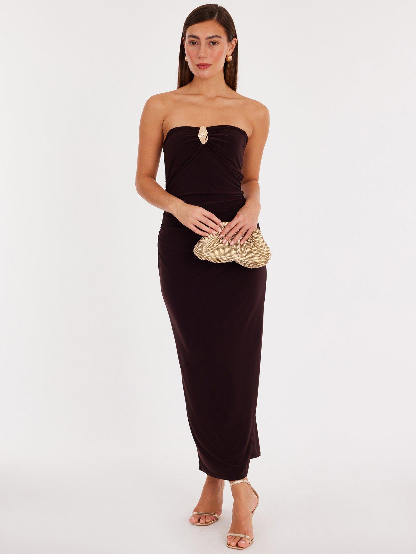 Quiz Brown Bandeau Ruched Midaxi Dress