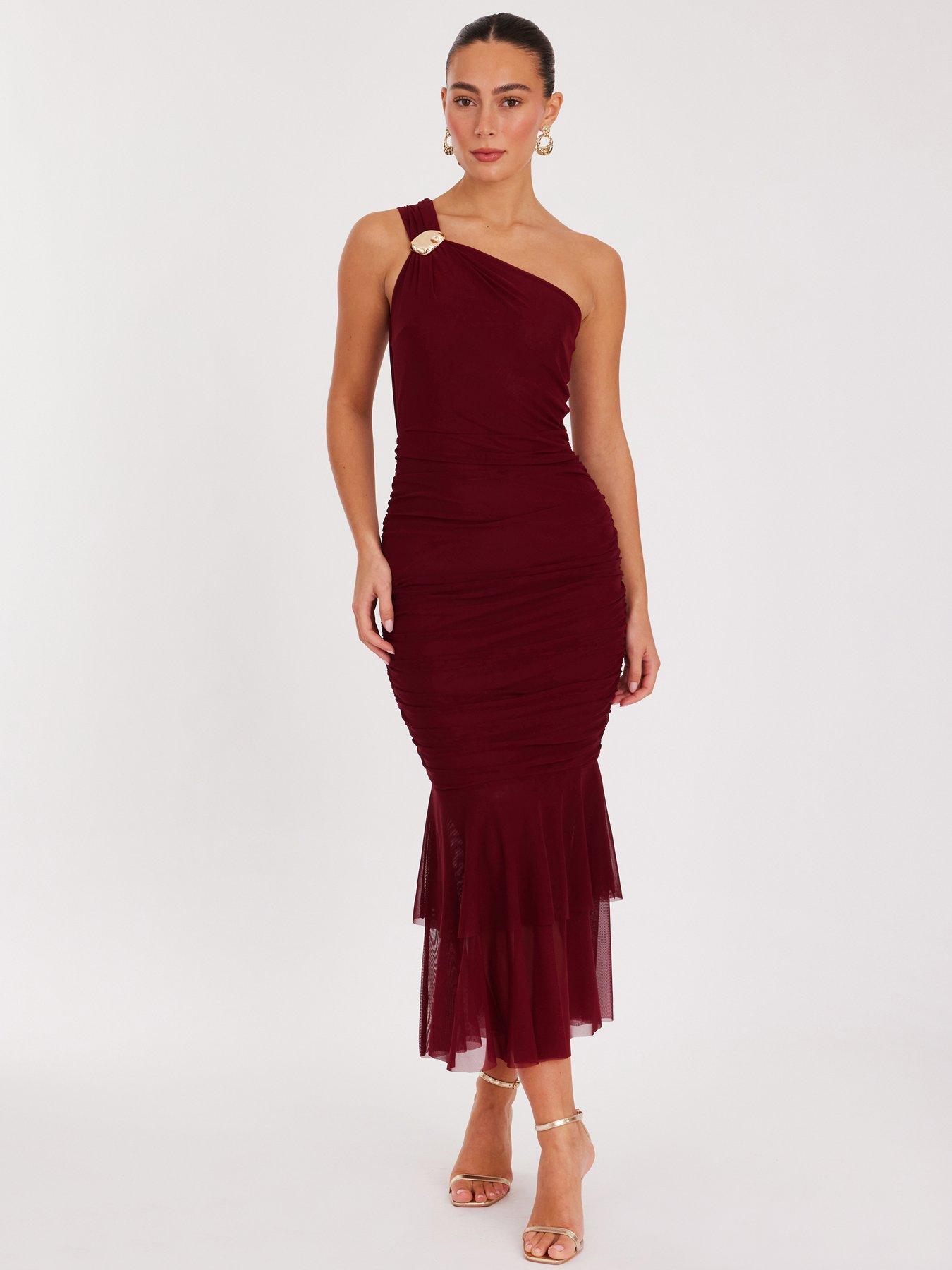 Quiz Burgundy Mesh One Shoulder Midaxi Dress