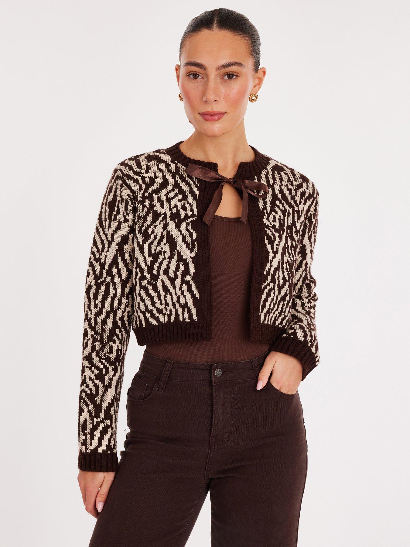 Image 1 of 6 of Quiz Brown Zebra Print Cropped Cardigan