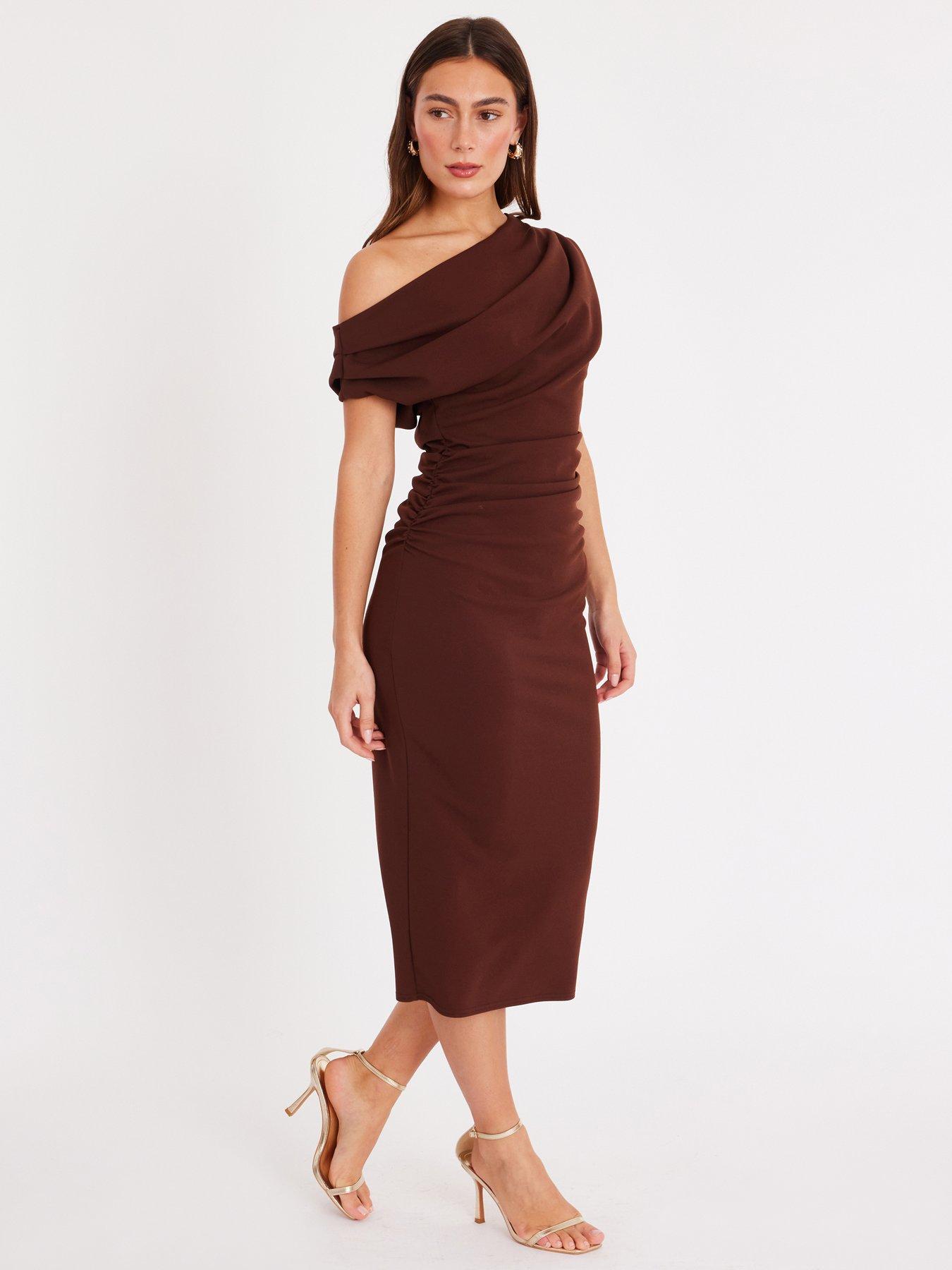 Quiz Brown Ruched Off Shoulder Midi Dress | Very