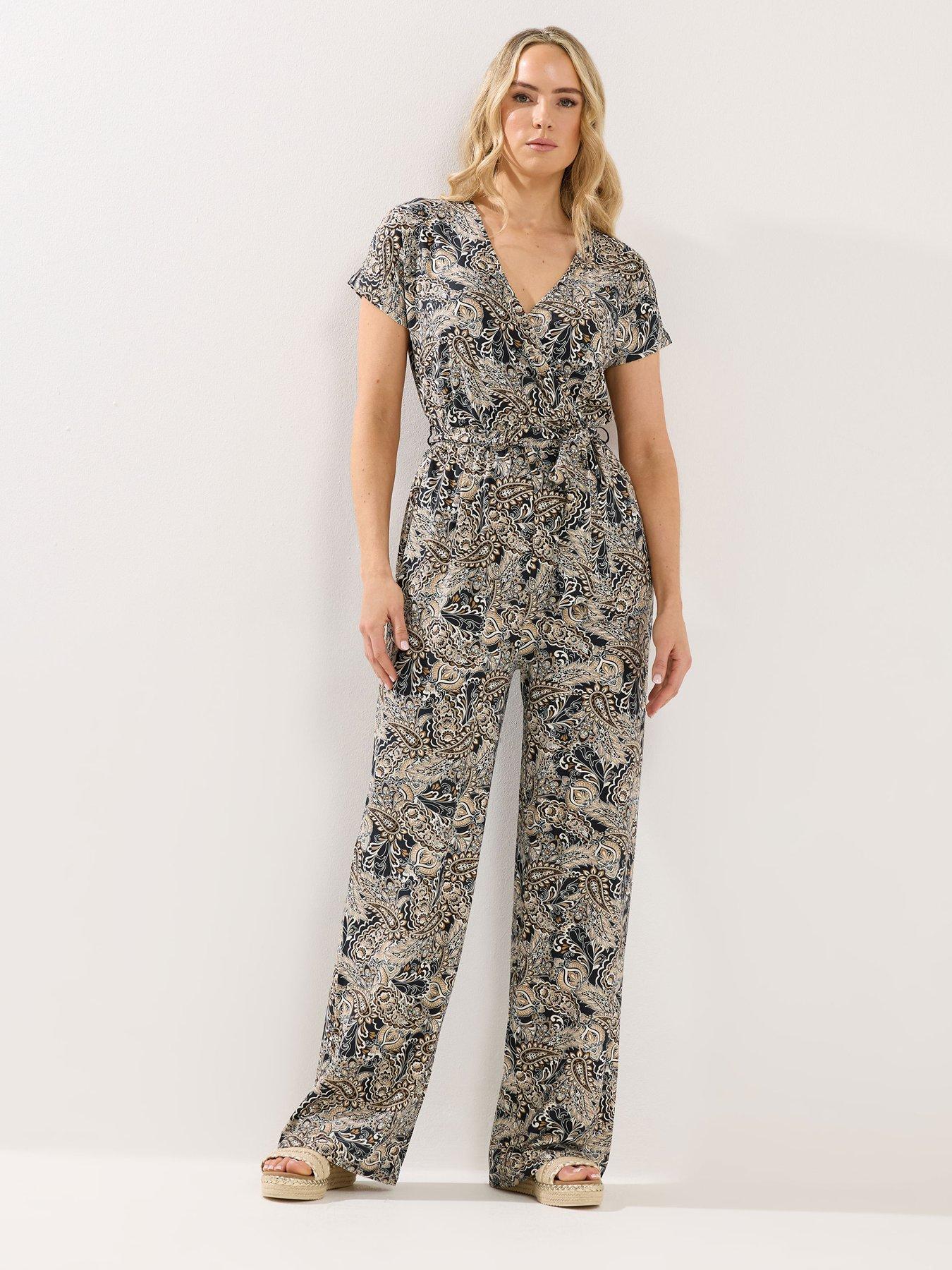 Image 1 of 5 of Long Tall Sally Paisley Short Sleeve Wrap Jumpsuit - Black