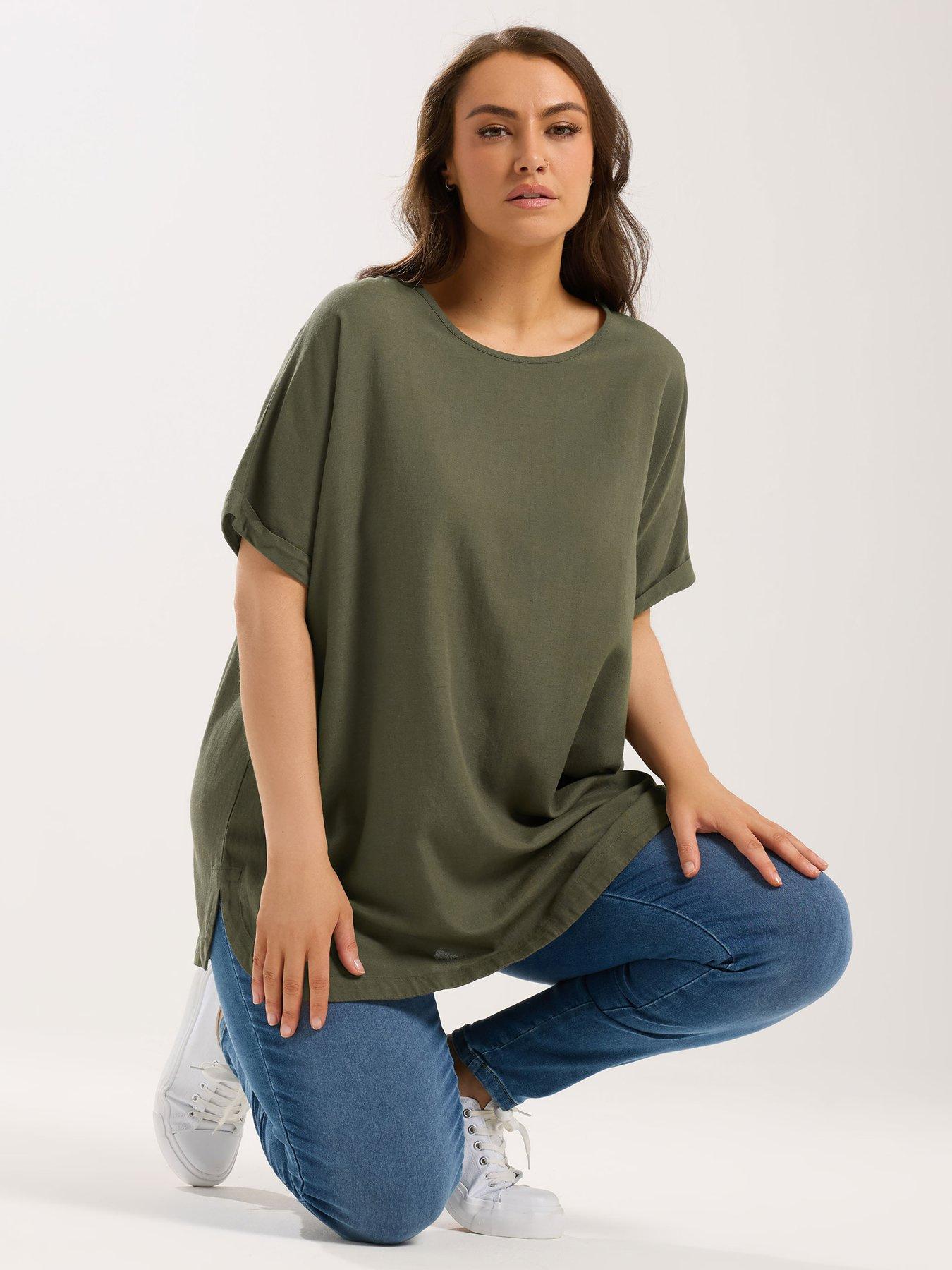 Yours Curve Linen Boxy Top - Green