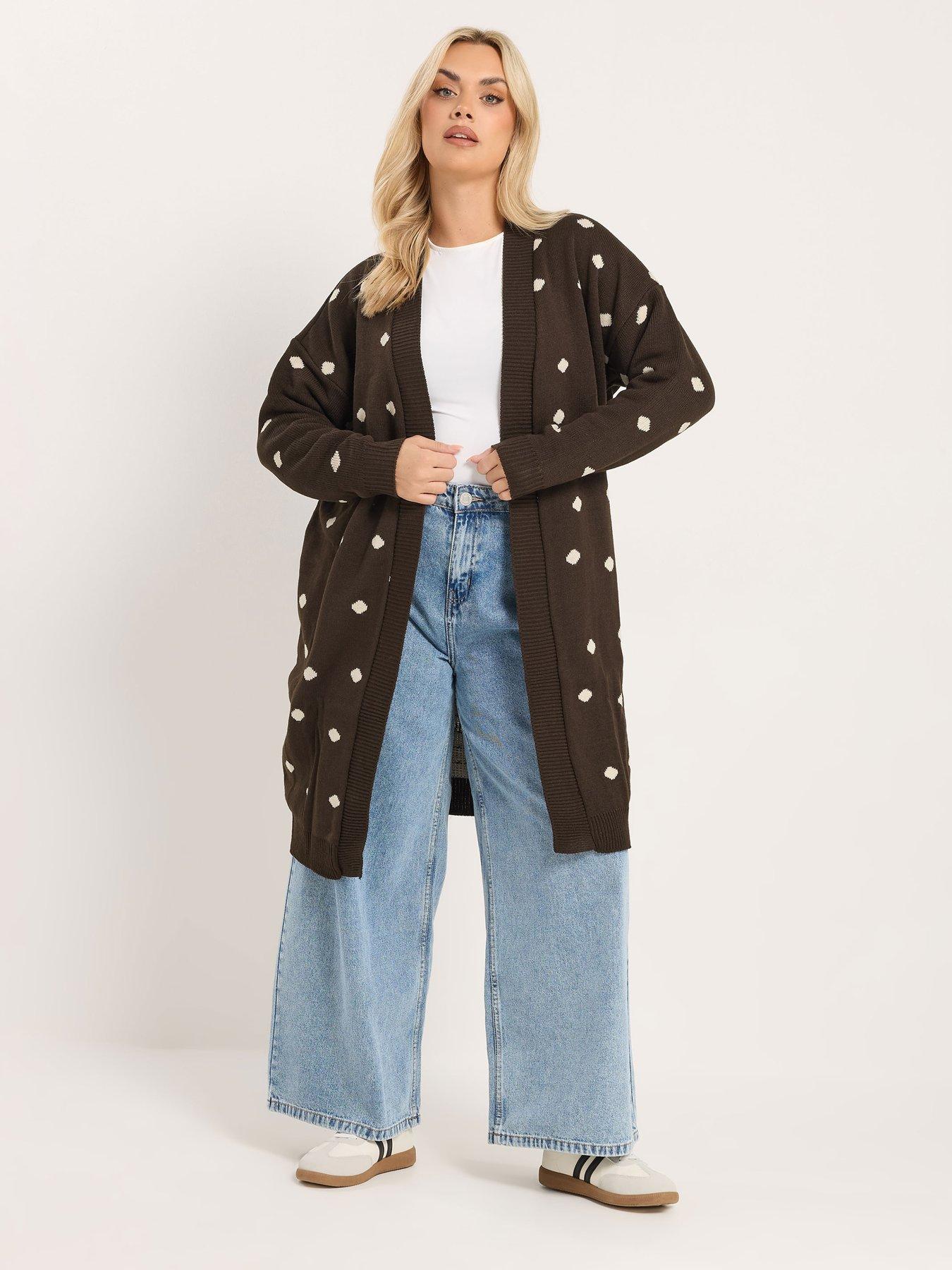Yours Curve Polka Dot Midi Knitted Cardigan - Brown
