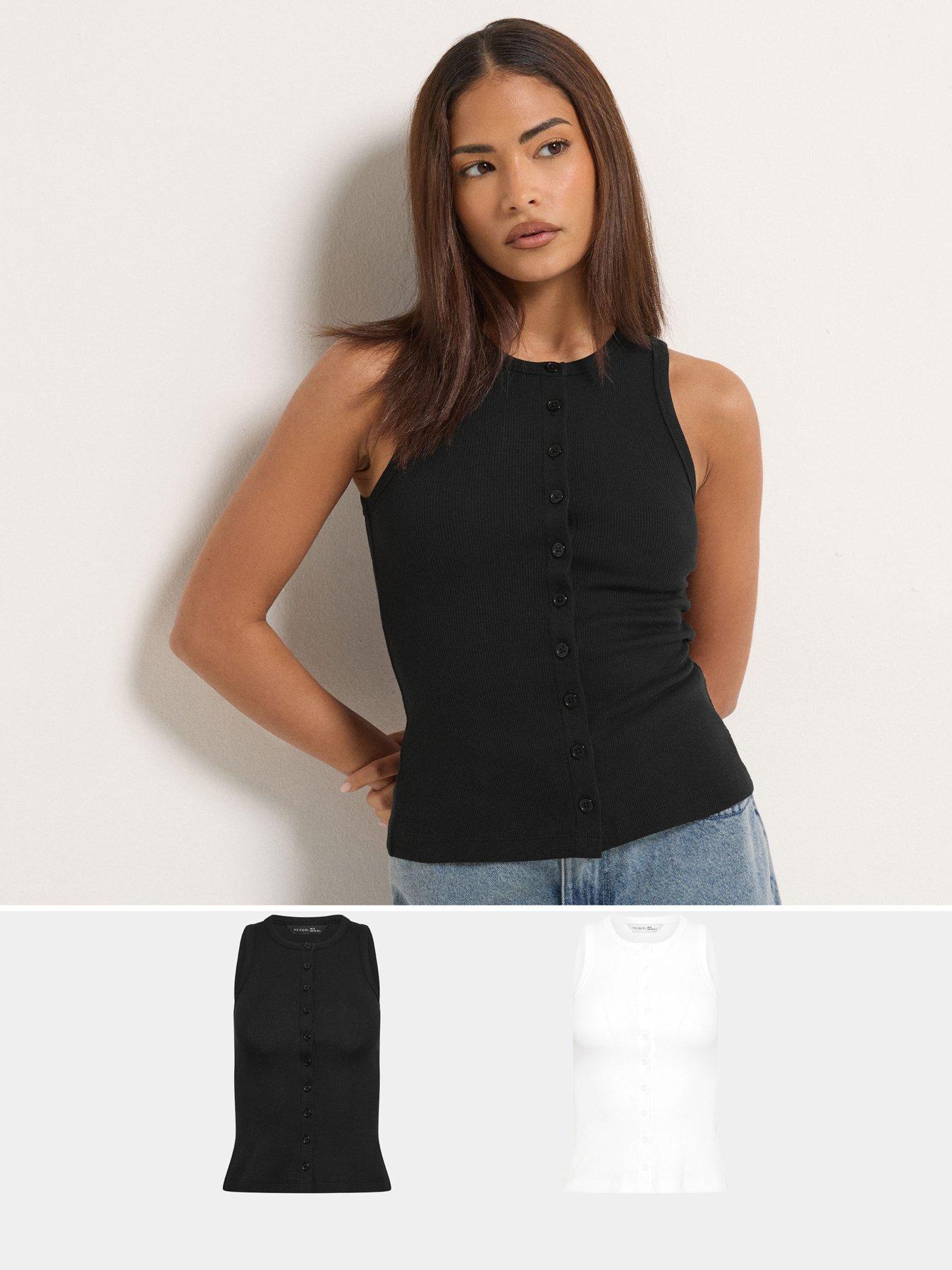 PixieGirl Petite 2 Pack Button Ribbed Vest - Black/White