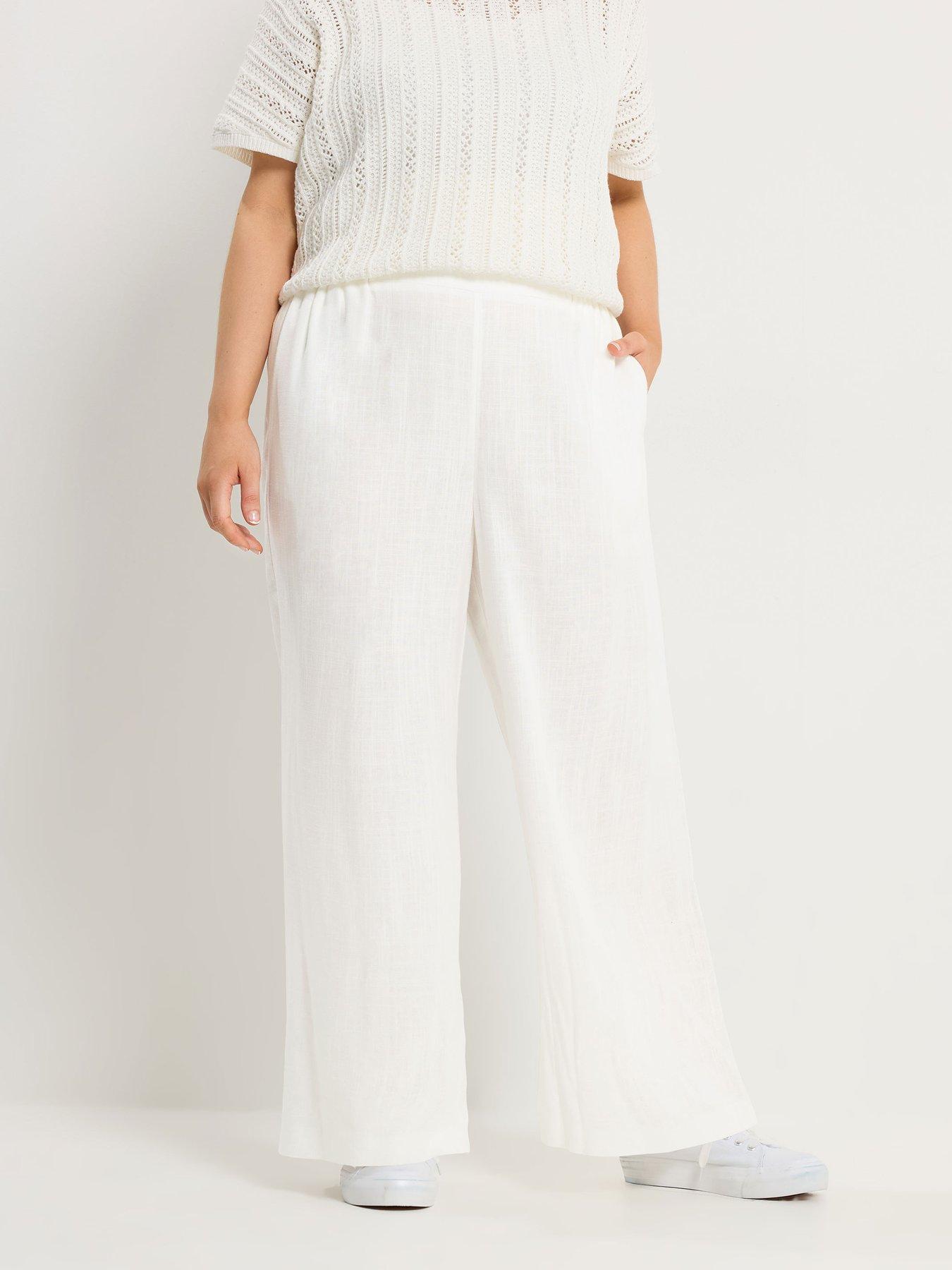 Yours Curve Linen Pull On Wide Leg Trousers - White