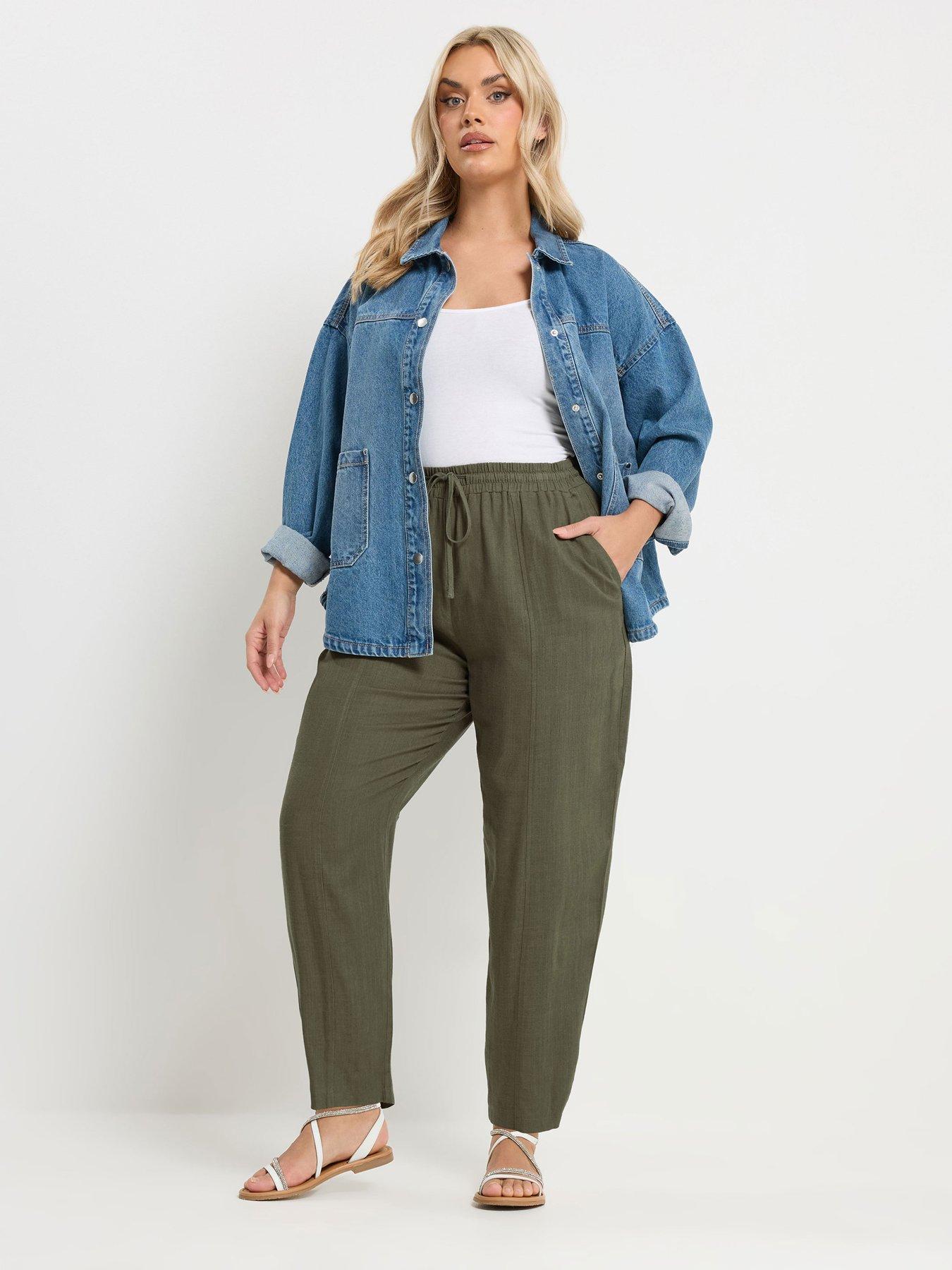 Yours Curve Linen Barrel Leg Trousers - Green