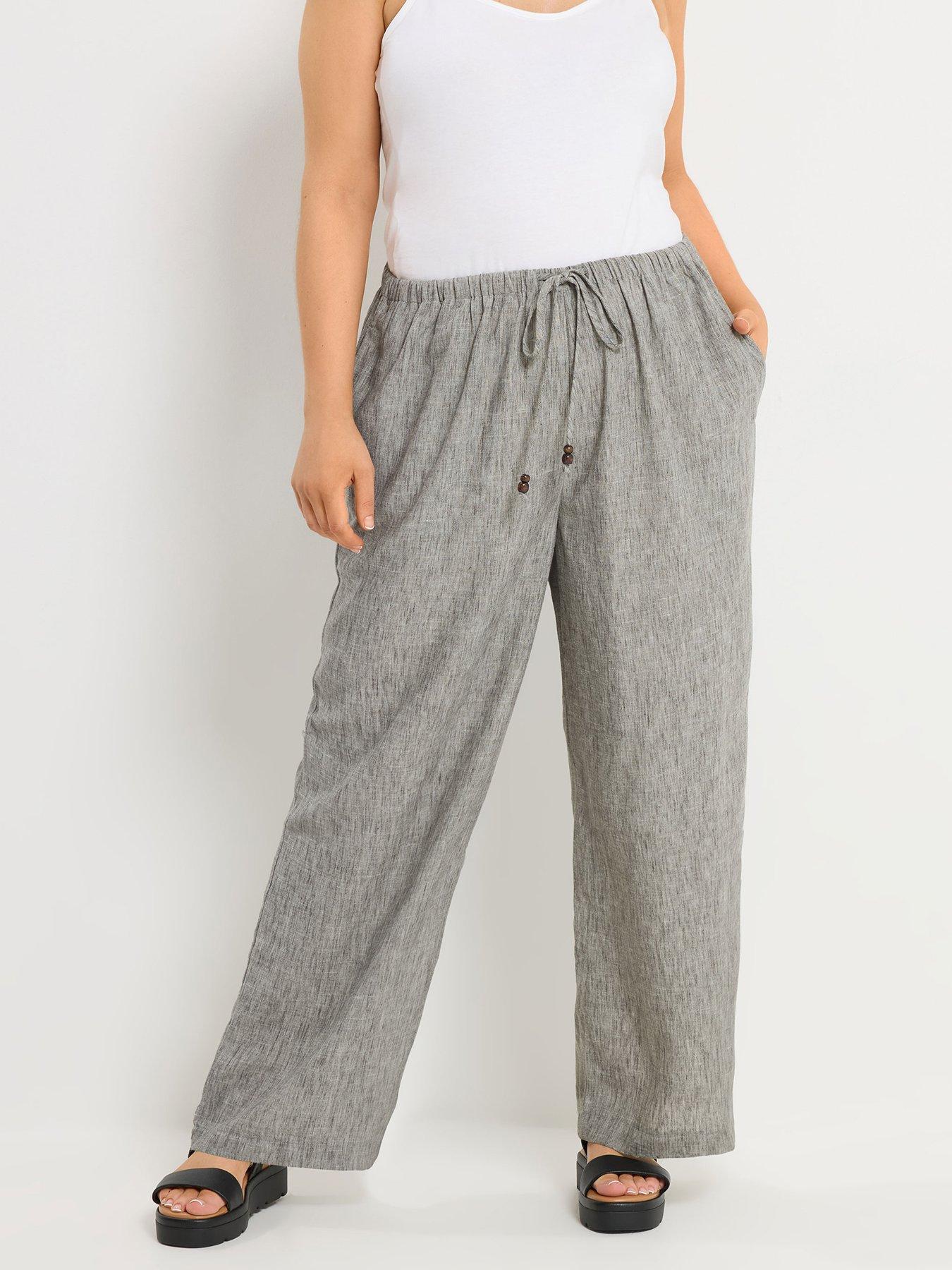 Yours Curve Linen Look Beaded Wide Leg Trousers - Grey