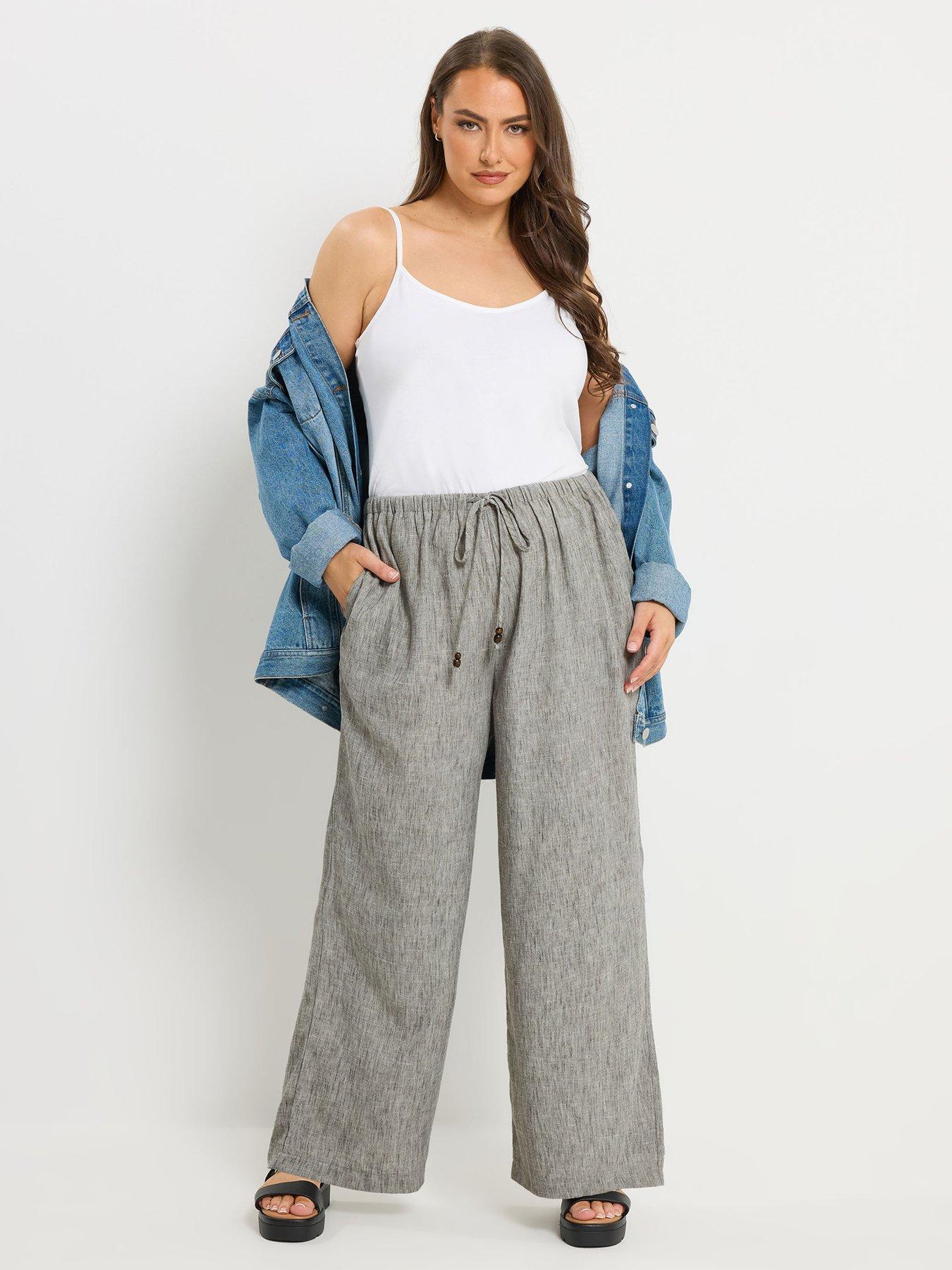 Image 3 of 4 of Yours Curve Linen Look Beaded Wide Leg Trousers - Grey