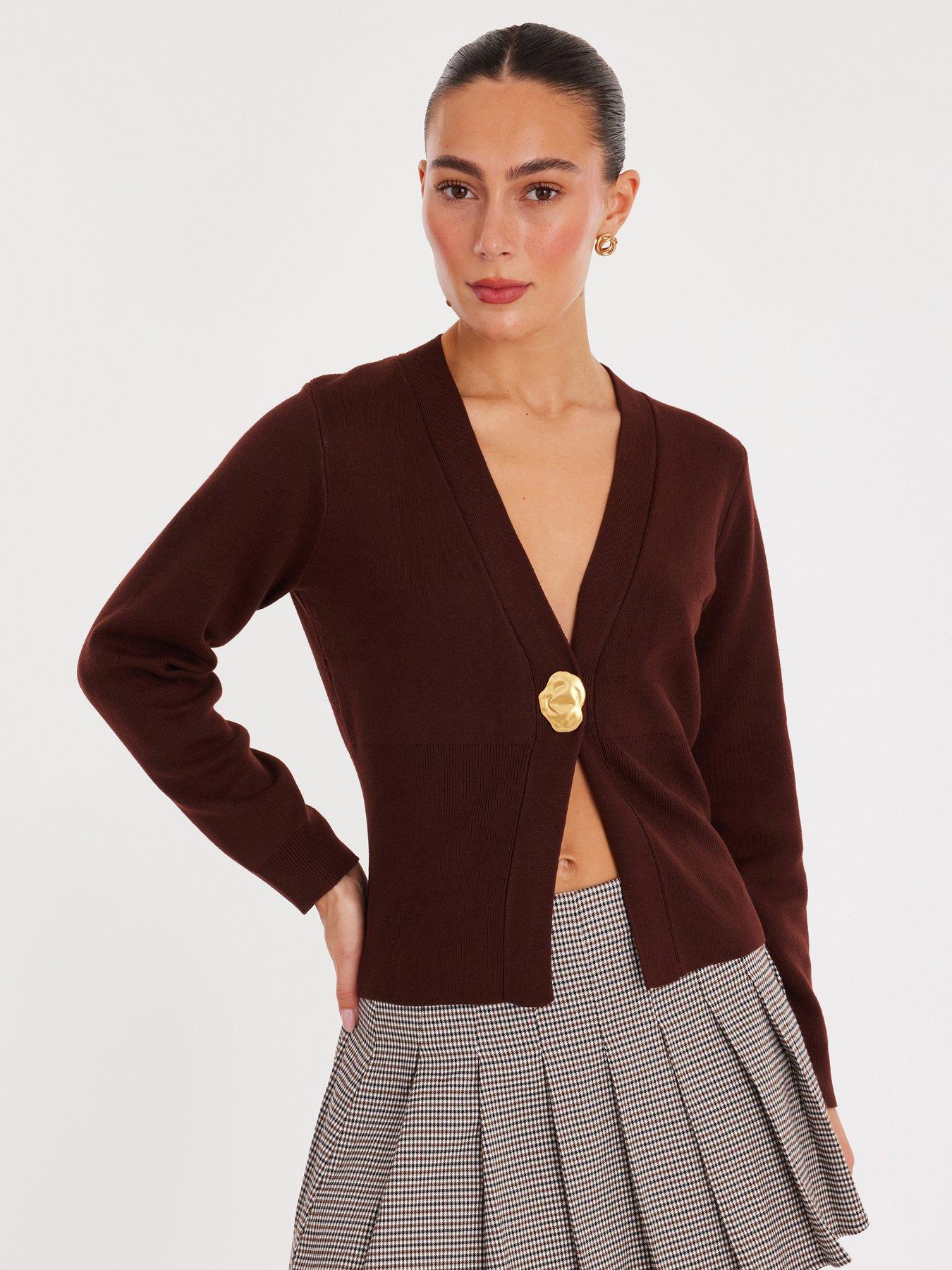 Image 1 of 6 of Quiz Brown Gold Button Long Sleeve Cardigan