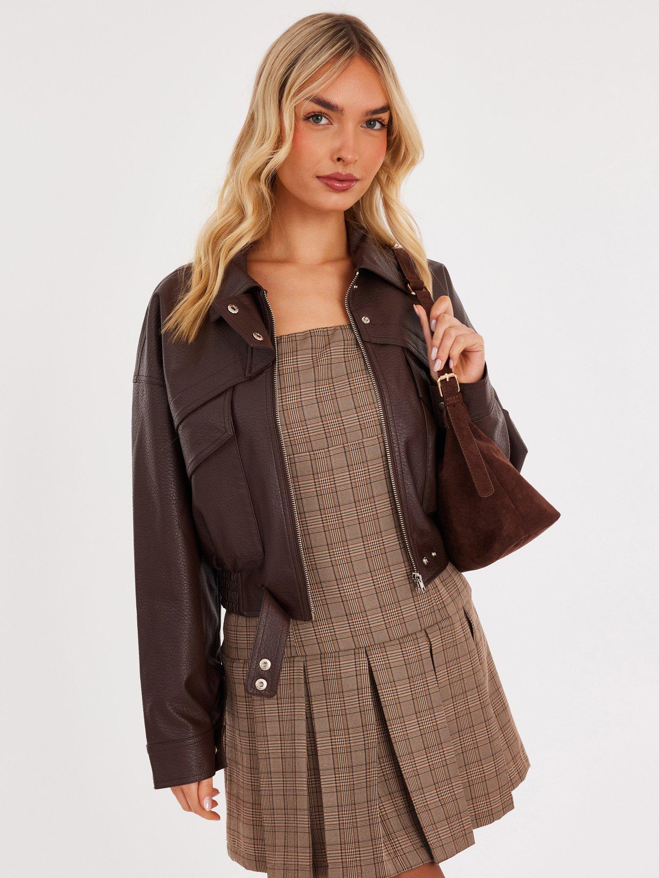 Quiz Brown Faux Leather Cropped Bomber Jacket
