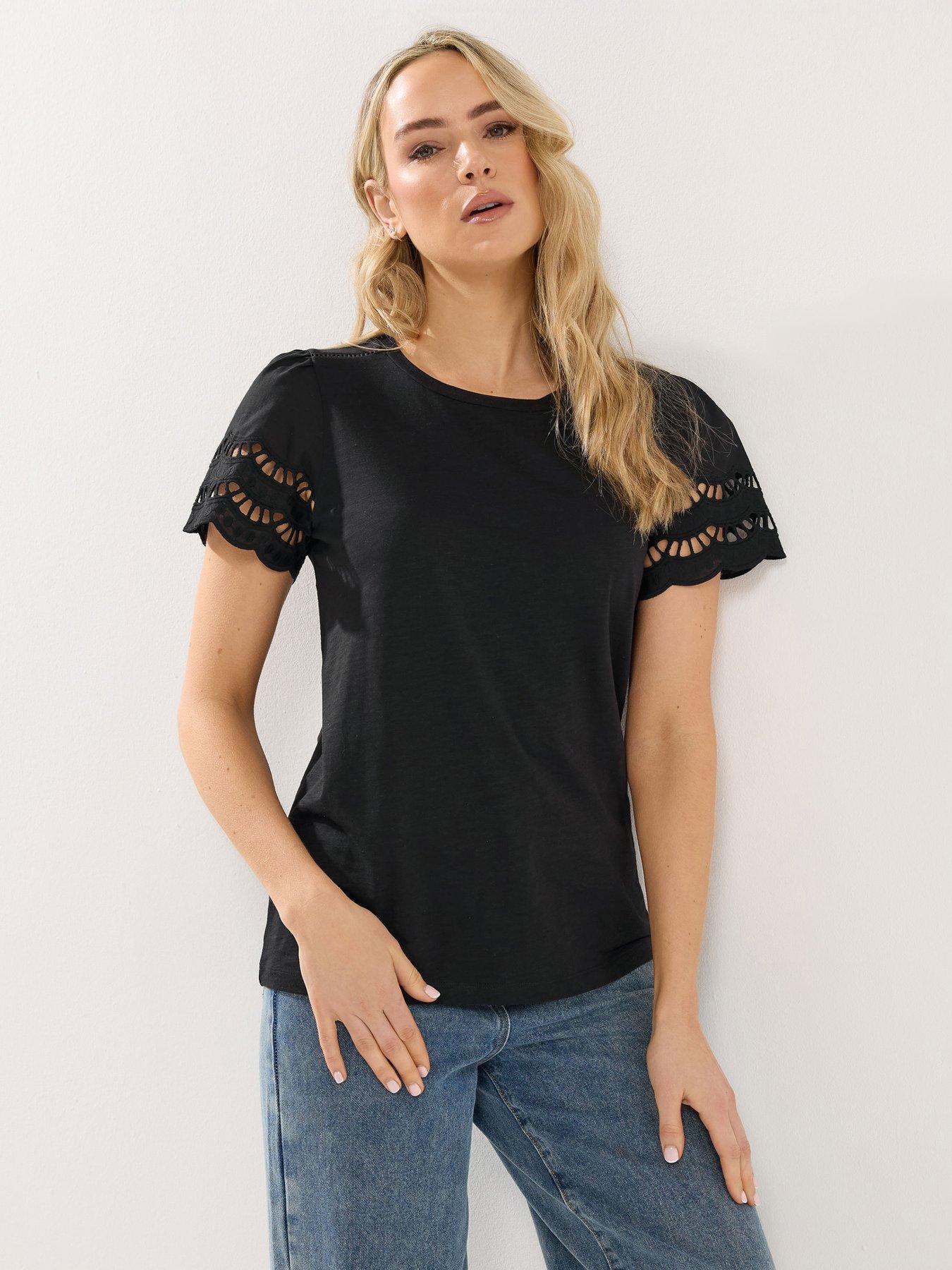 Long Tall Sally Broidery Sleeve T-Shirt - Black