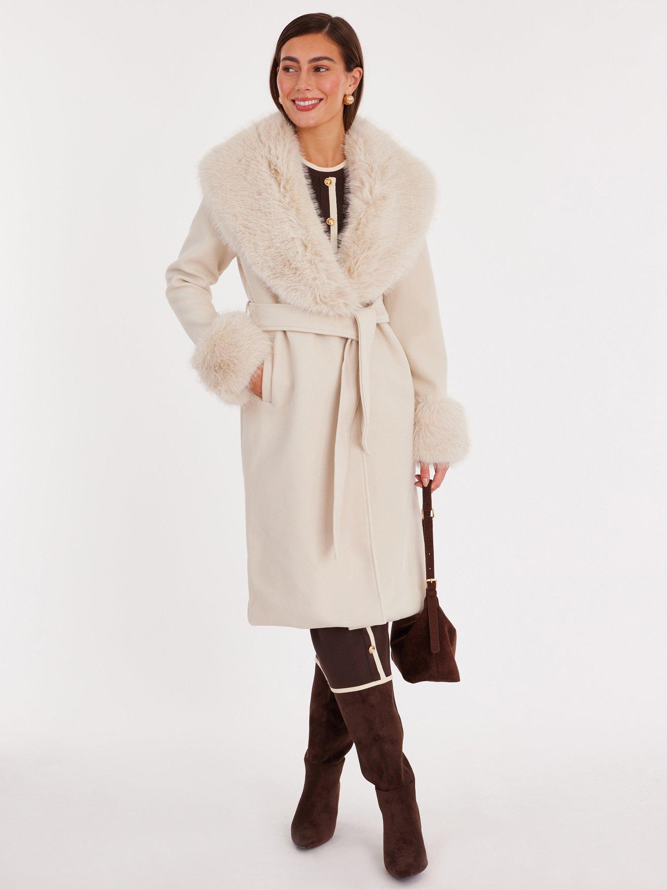 Quiz Stone Faux Fur Trim Coat