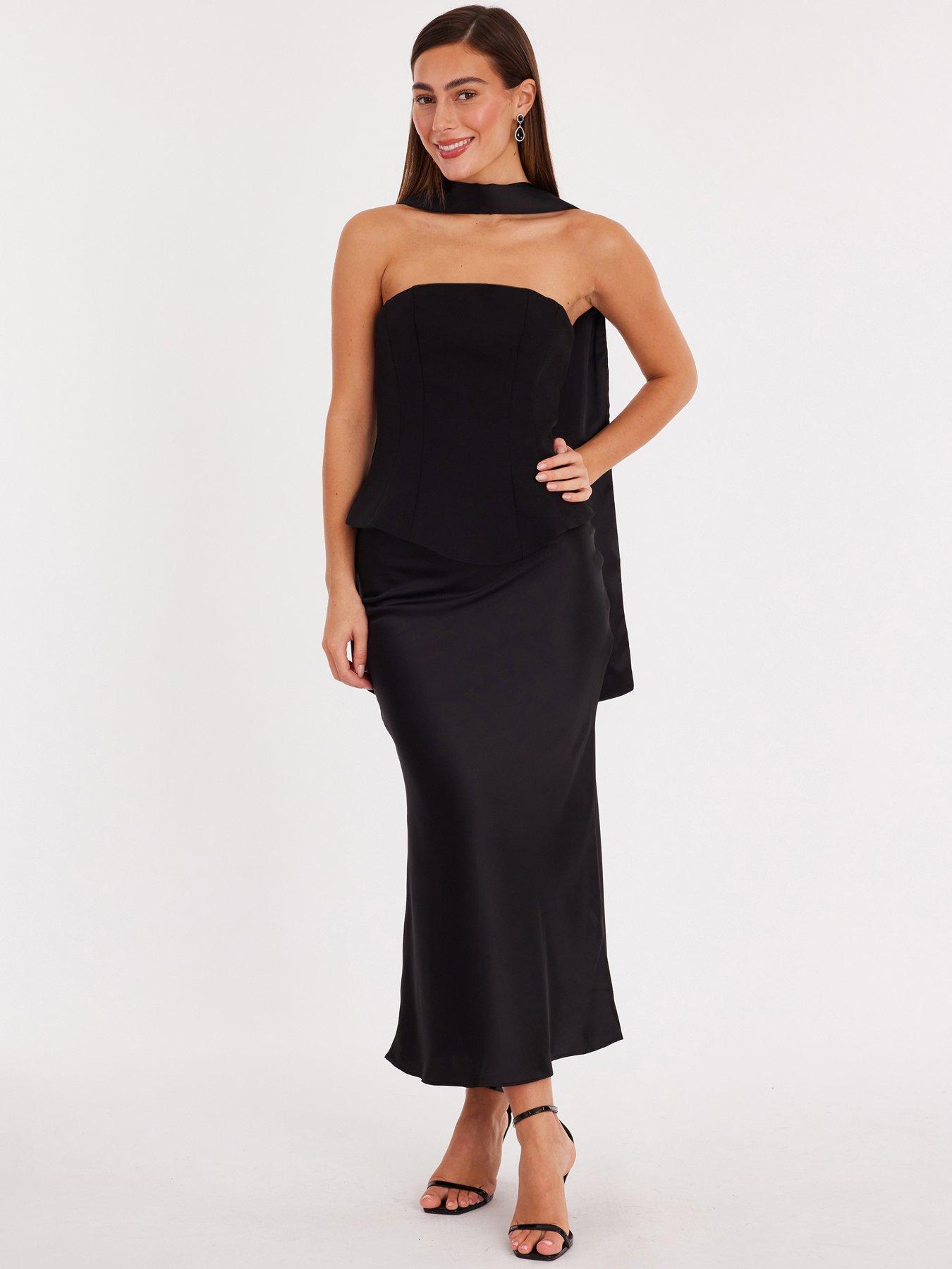 Quiz Black Strapless Satin Skirt Midaxi Dress