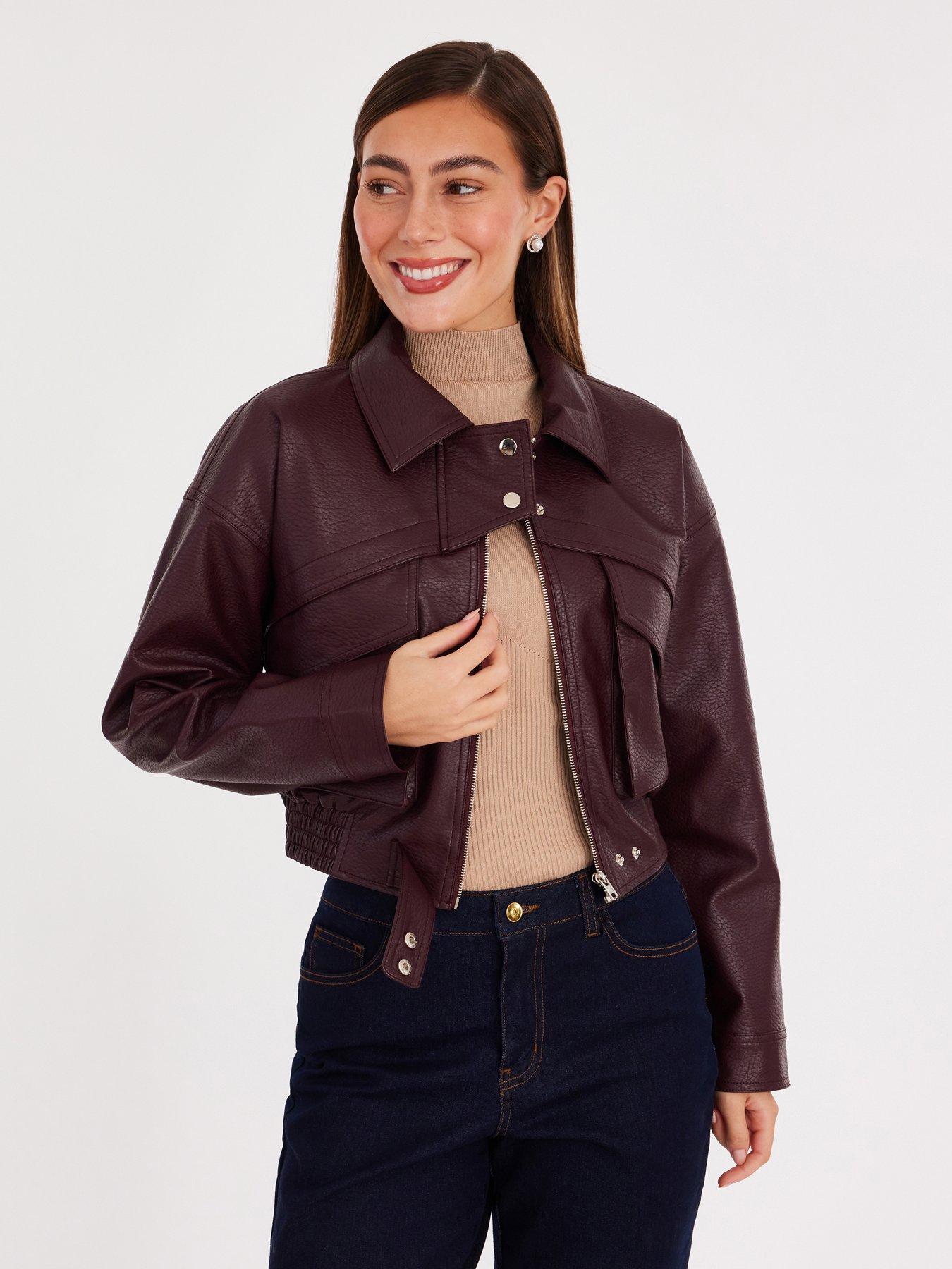Quiz Burgundy Faux Leather Cropped Bomber Jacket