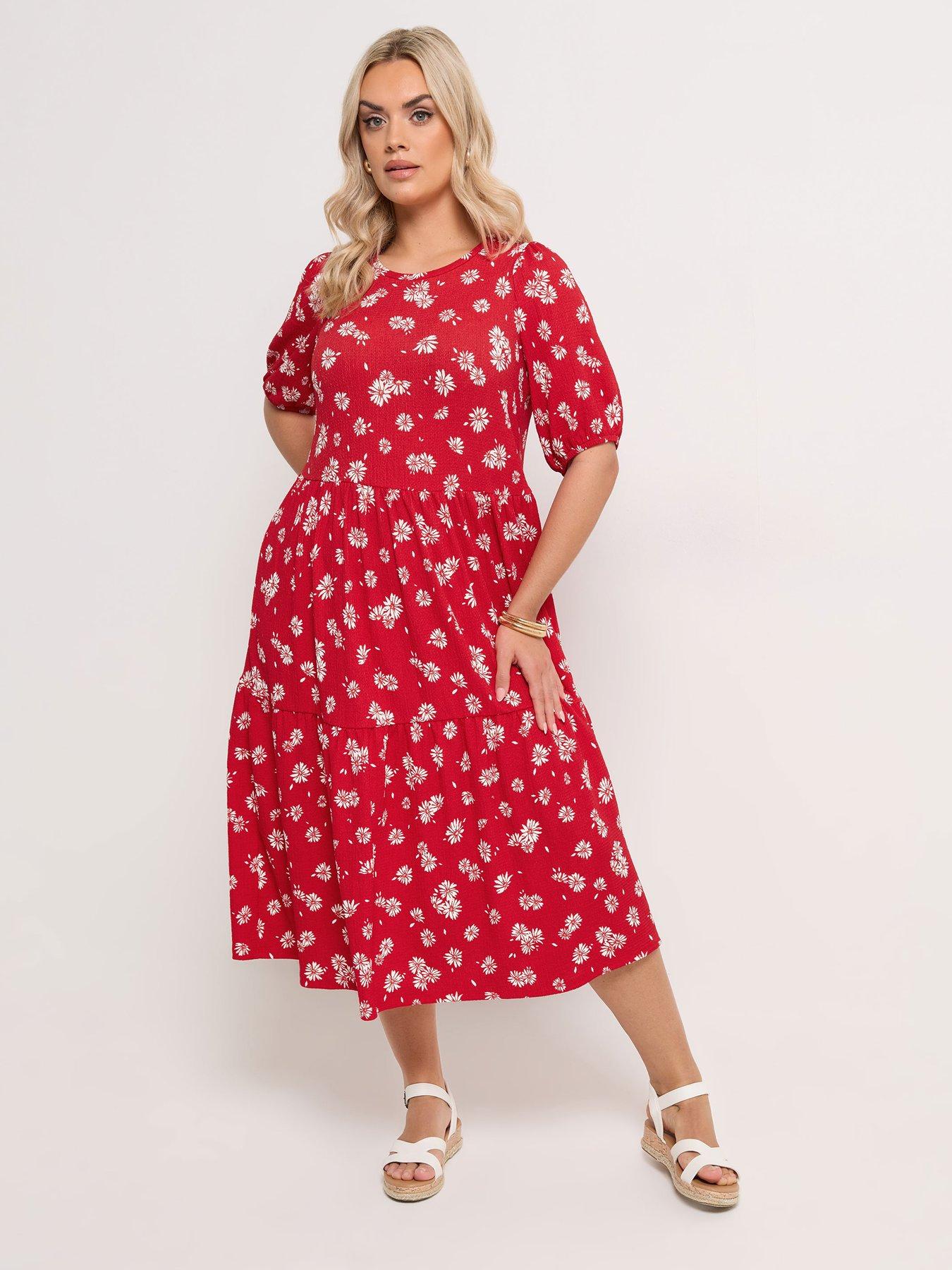 Yours Curve Puff Sleeve Tiered Daisy Dress - Red