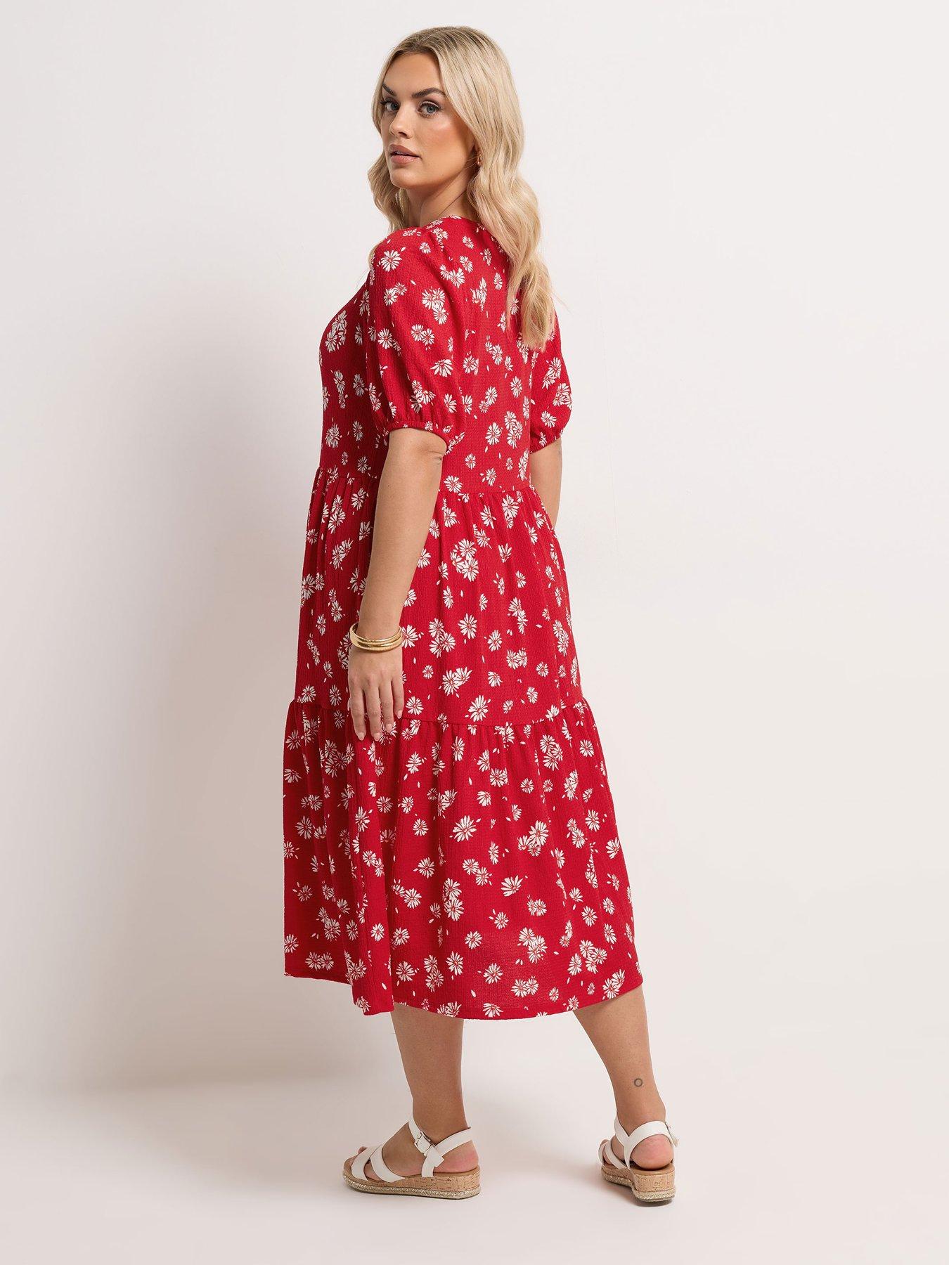Image 2 of 4 of Yours Curve Puff Sleeve Tiered Daisy Dress - Red