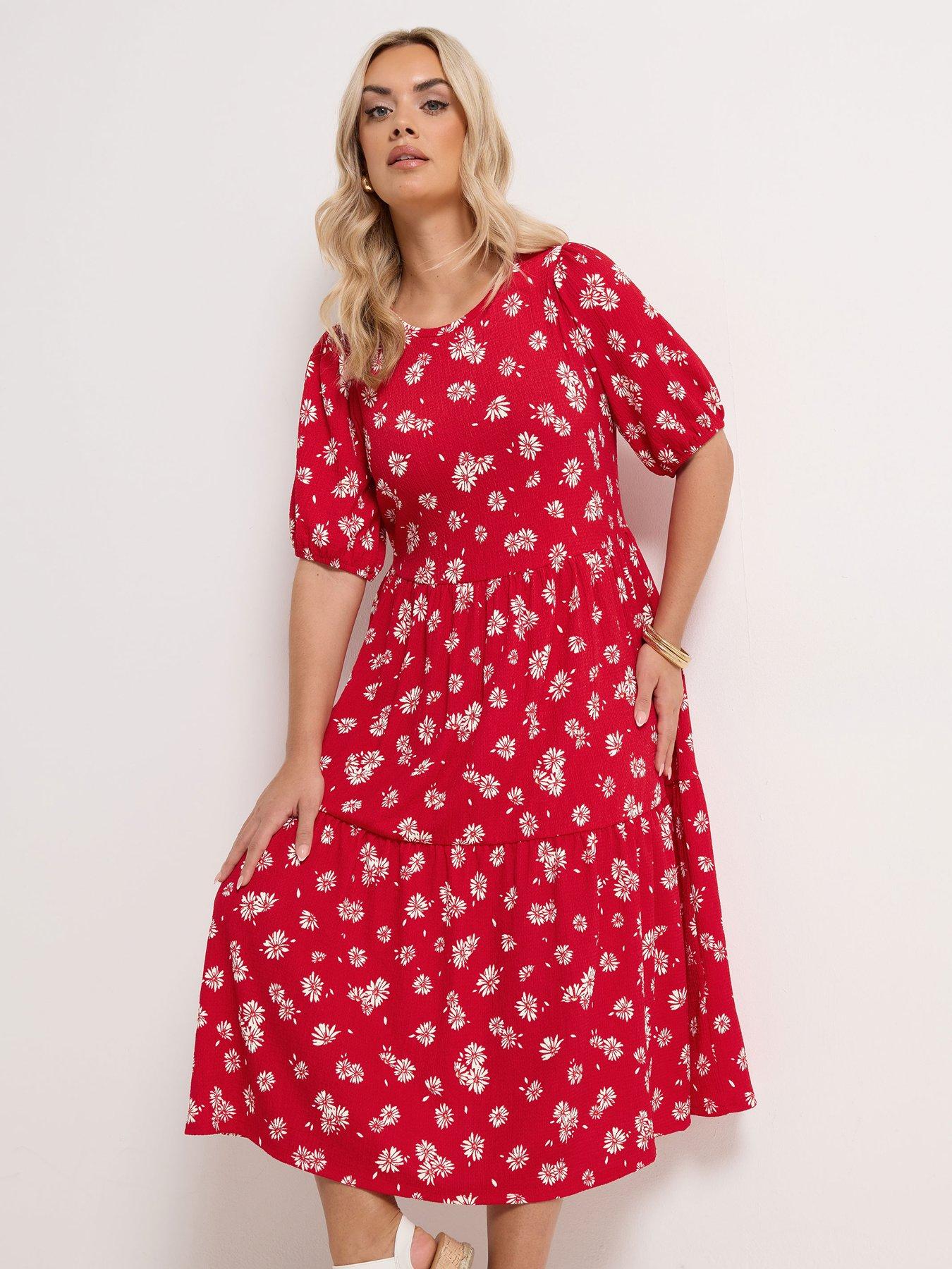 Image 3 of 4 of Yours Curve Puff Sleeve Tiered Daisy Dress - Red