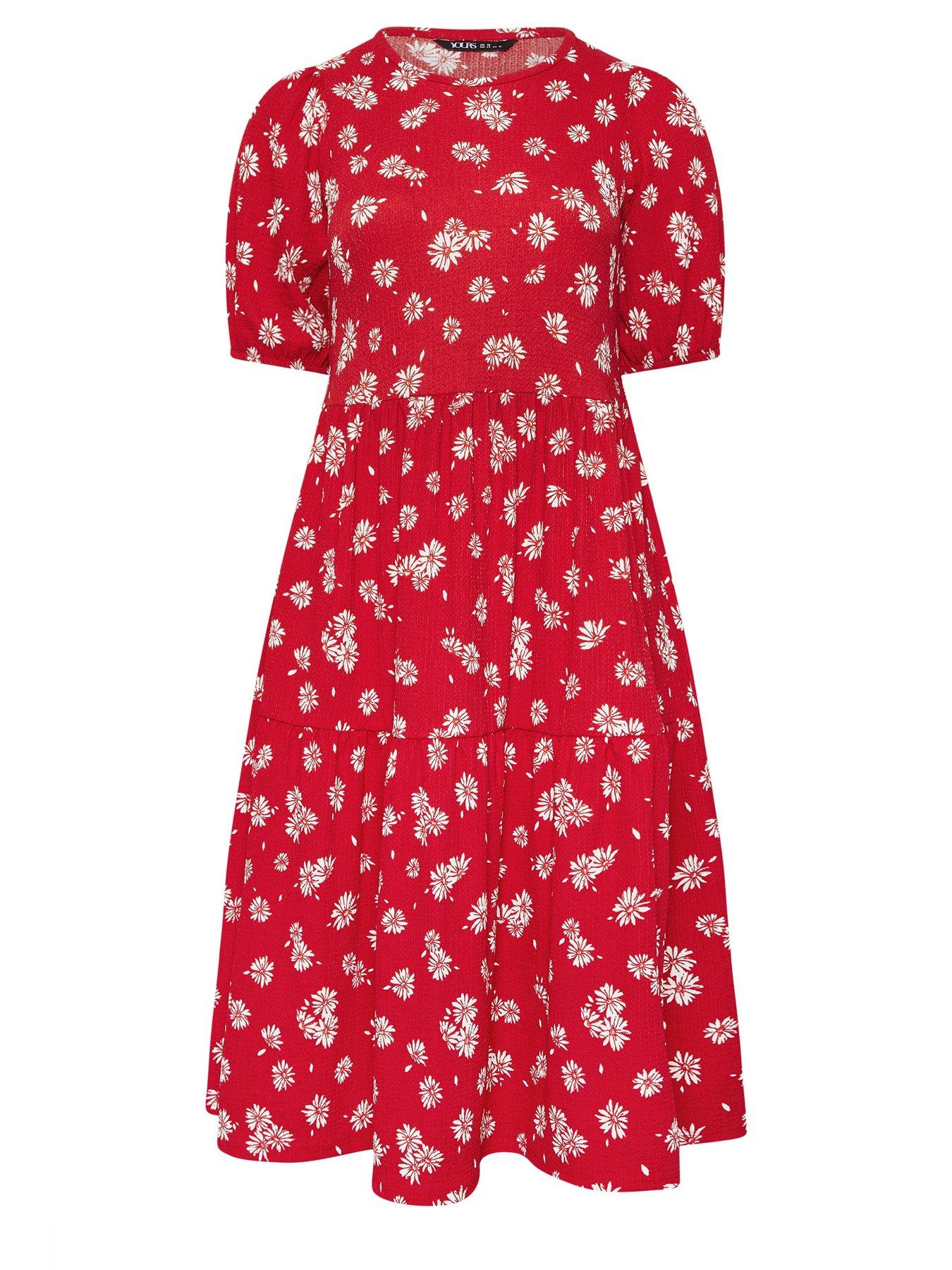 Image 4 of 4 of Yours Curve Puff Sleeve Tiered Daisy Dress - Red
