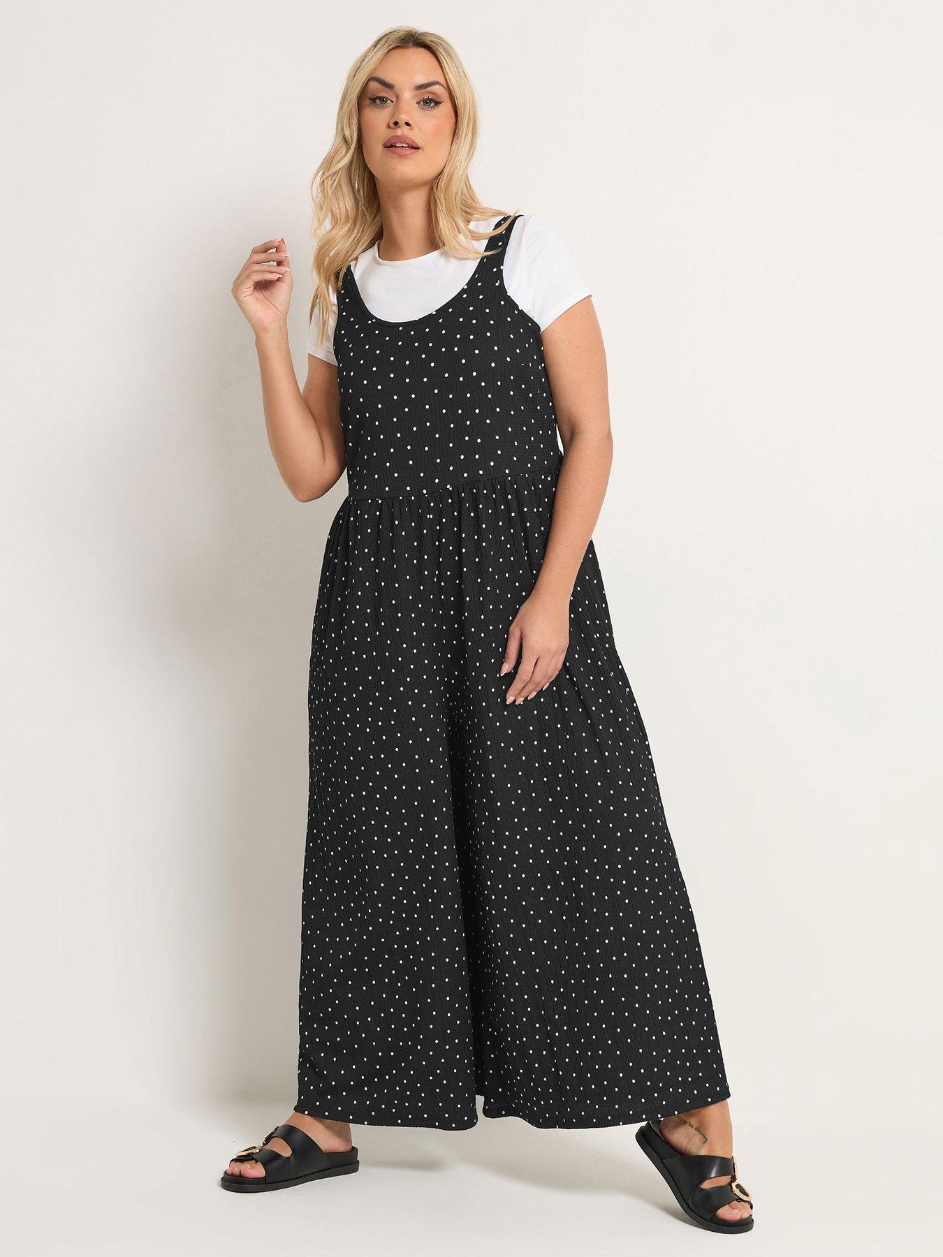 Yours Curve Polka Dot Textured Jumpsuit - Black