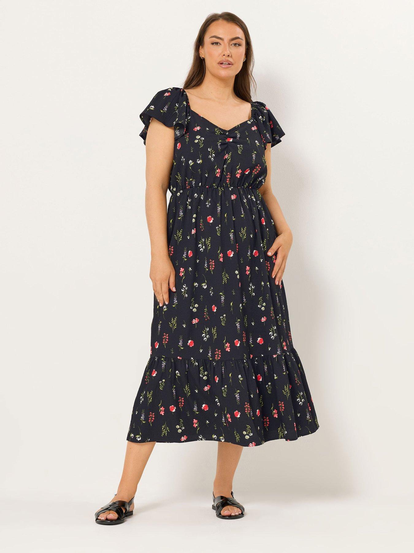 Image 1 of 5 of Yours Curve Ruched Flutter Midi Dress - Black