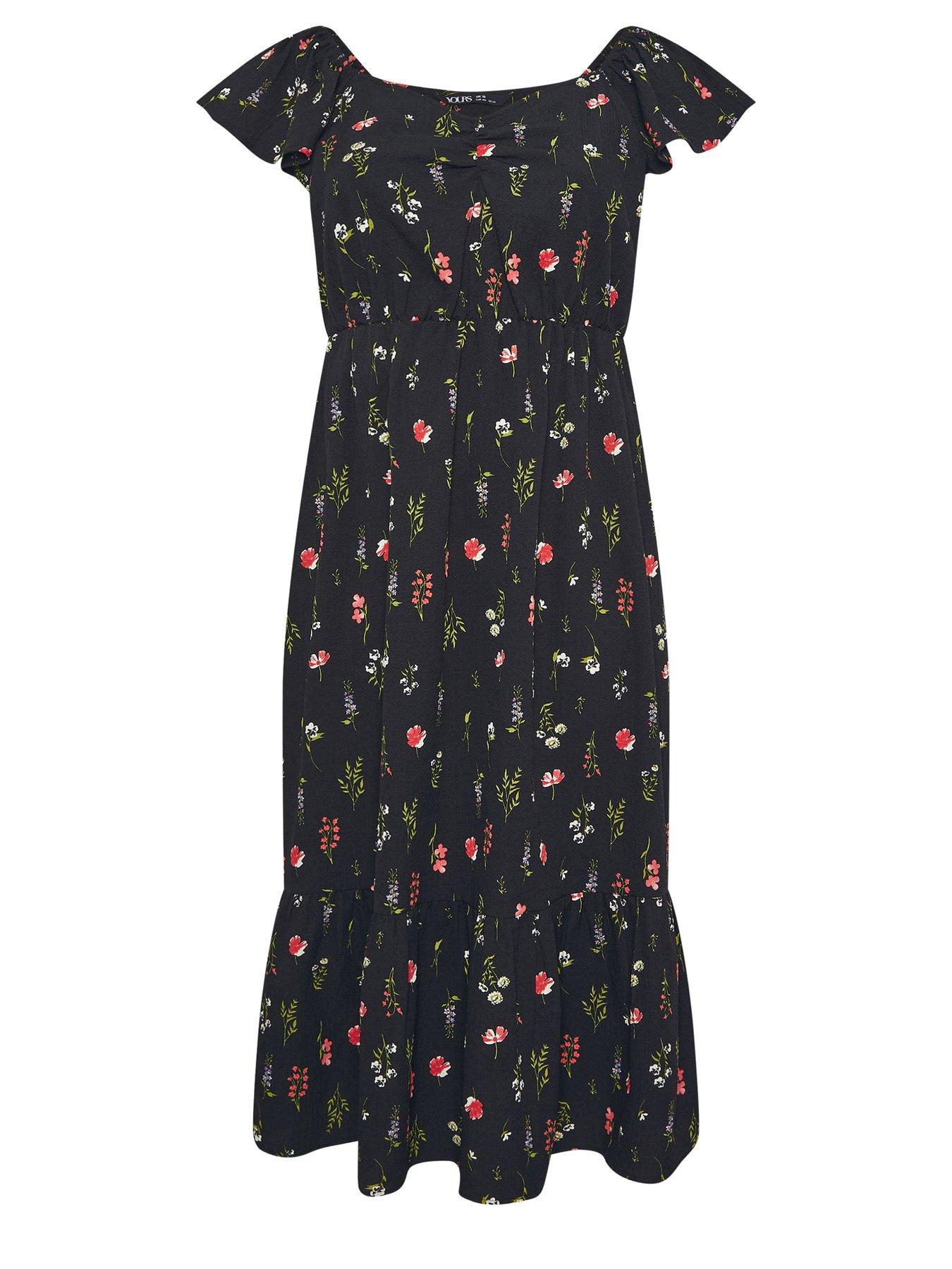 Image 5 of 5 of Yours Curve Ruched Flutter Midi Dress - Black