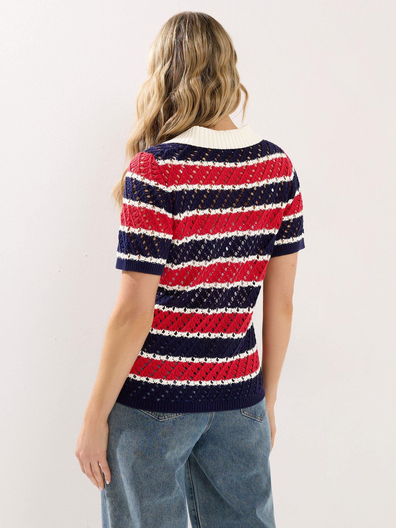Image 2 of 5 of Long Tall Sally Crochet Stripe Polo Top - Red
