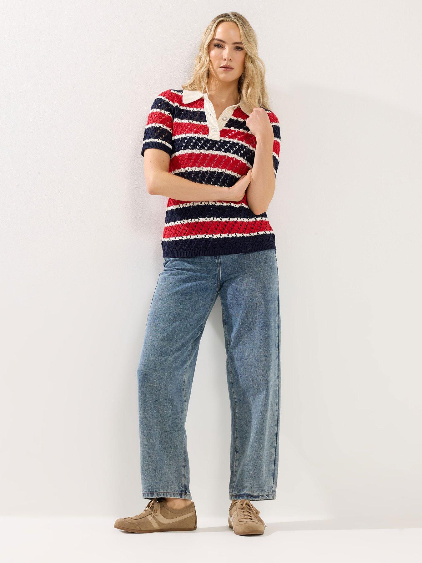 Image 3 of 5 of Long Tall Sally Crochet Stripe Polo Top - Red