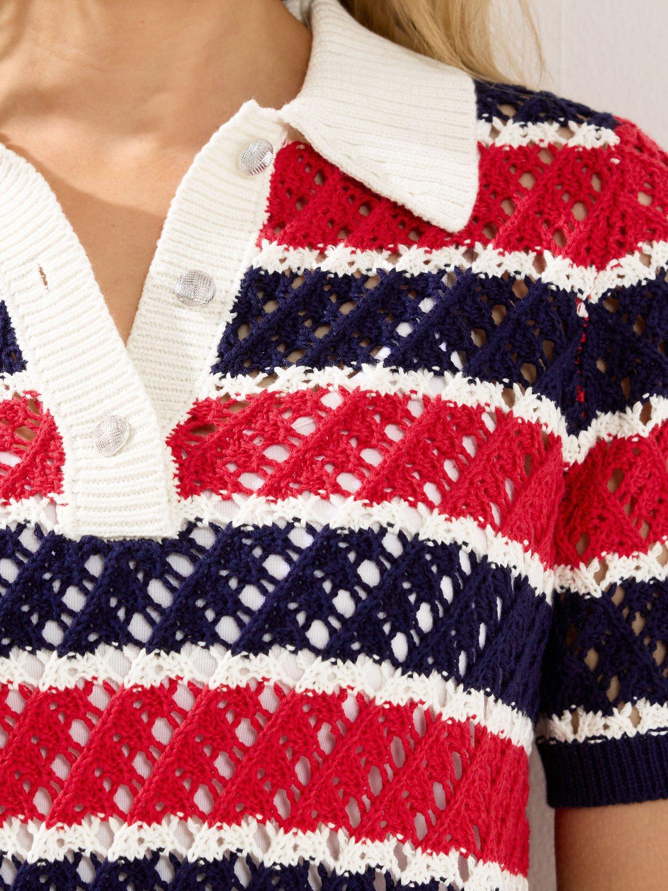 Image 4 of 5 of Long Tall Sally Crochet Stripe Polo Top - Red