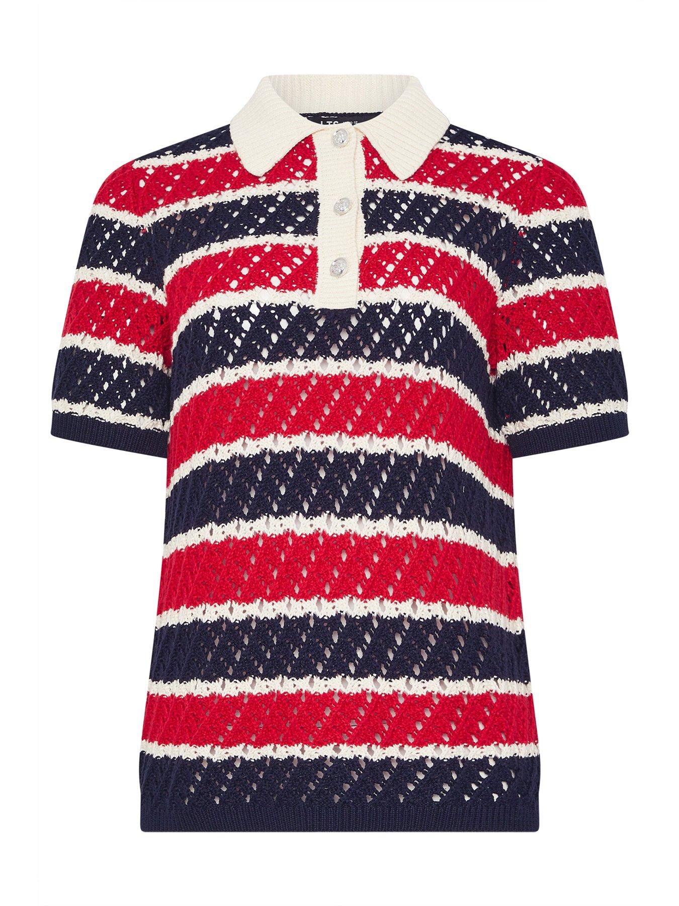 Image 5 of 5 of Long Tall Sally Crochet Stripe Polo Top - Red