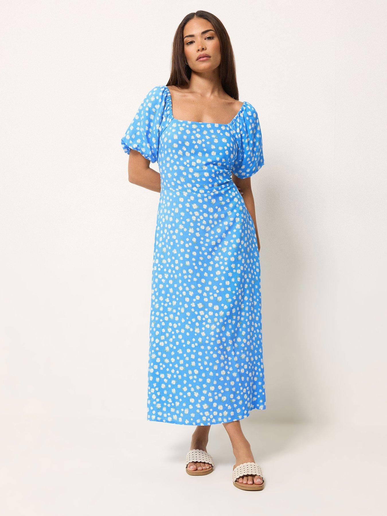 PixieGirl Petite Daisy Square Neck Puff Sleeve Midi Dress