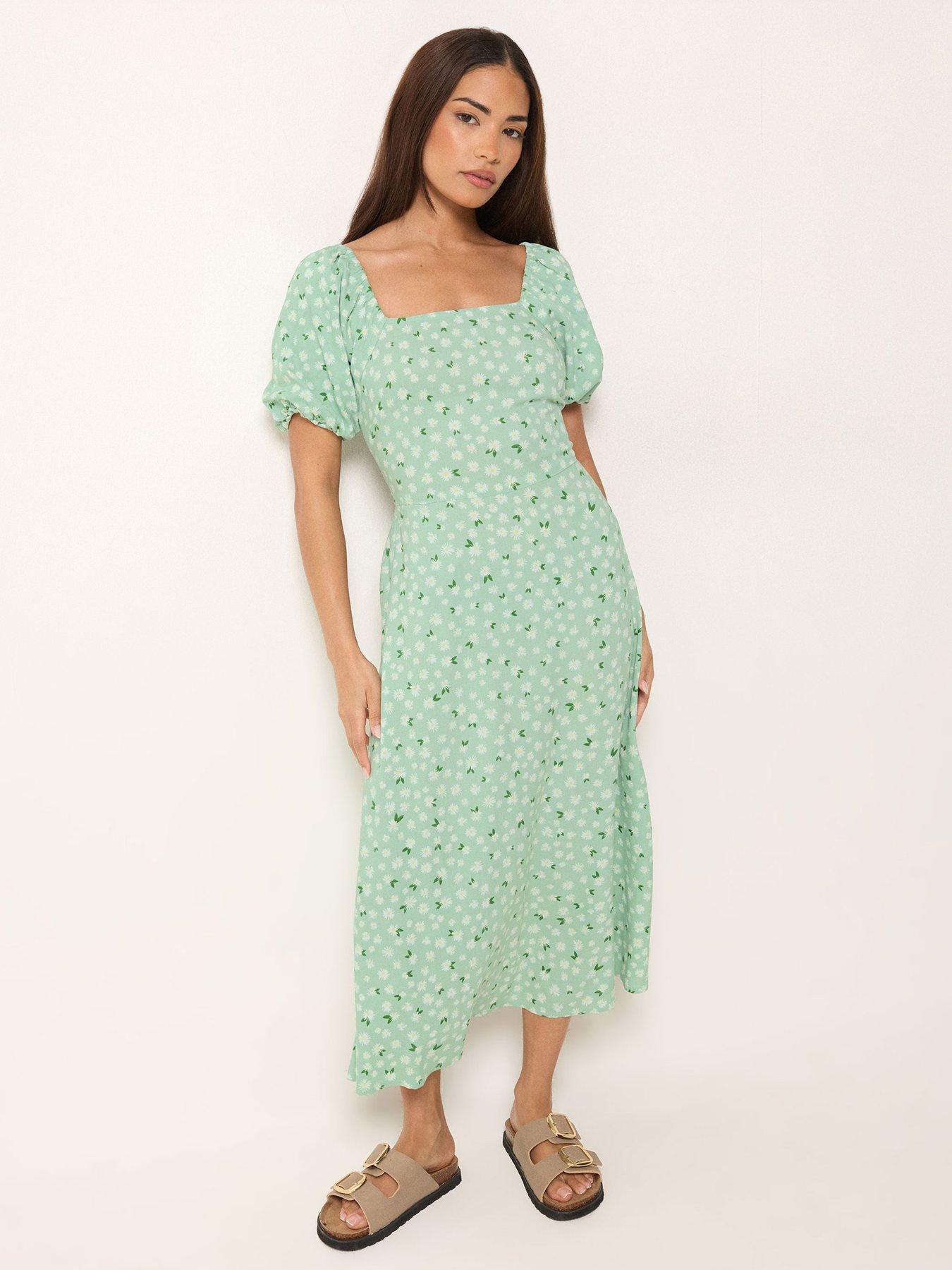 PixieGirl Petite Daisy Square Neck Puff Sleeve Midi Dress - Green