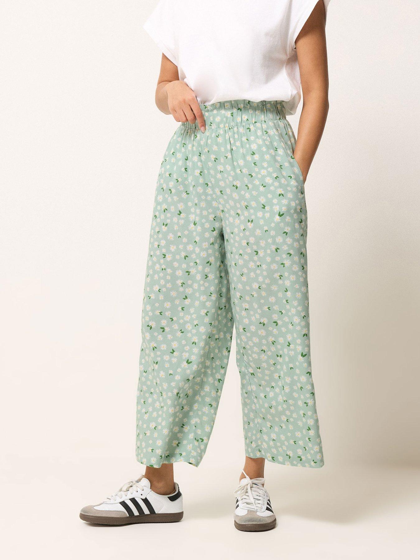 PixieGirl Petite Daisy Wide Leg Crop Trousers - Green