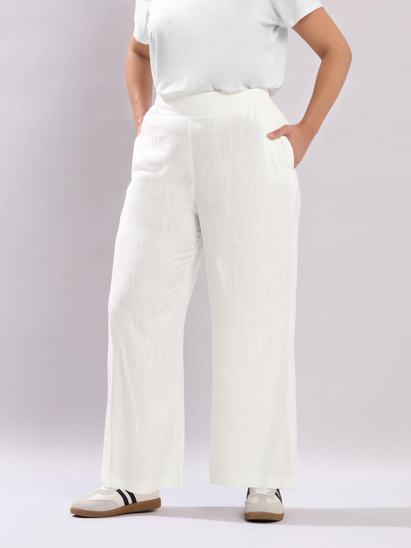 Yours Curve Linen Mix Pull On Wide Leg Trousers - White