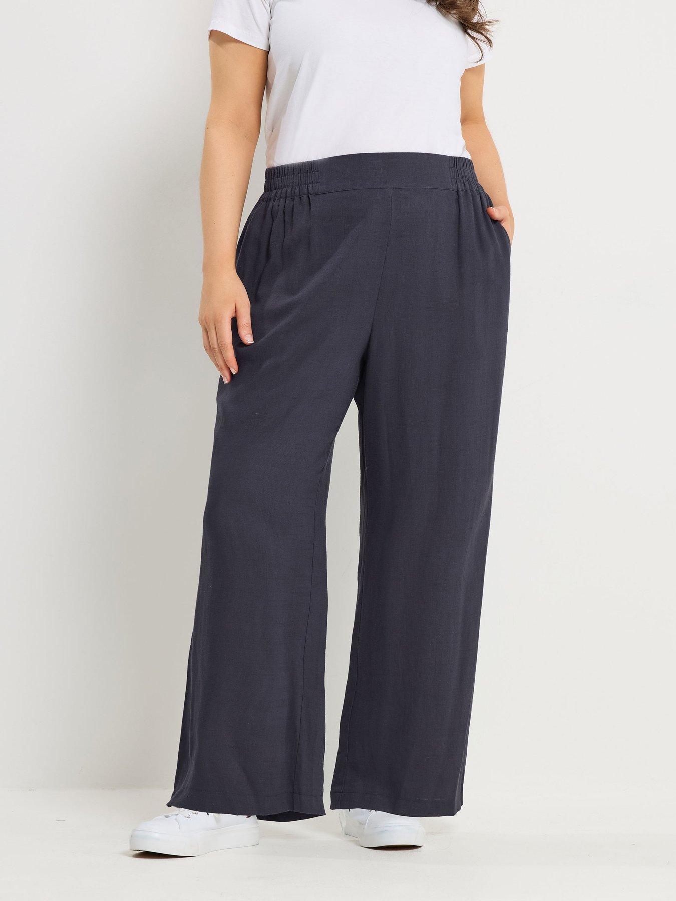 Image 1 of 5 of Yours Curve Linen Mix Pull On Wide Leg Trousers - Blue