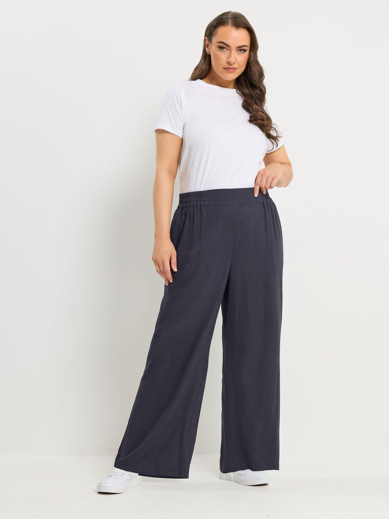 Image 3 of 5 of Yours Curve Linen Mix Pull On Wide Leg Trousers - Blue