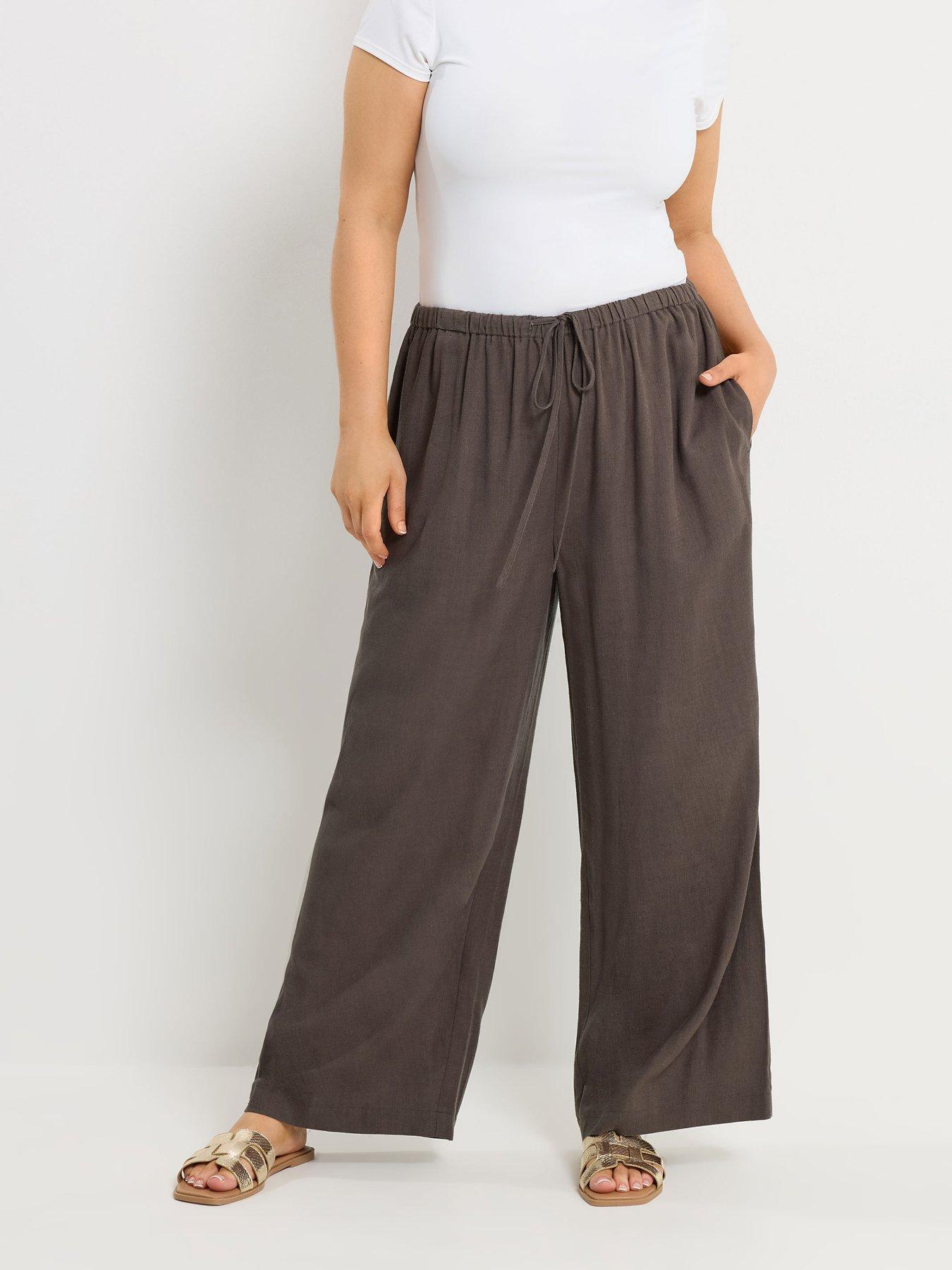 Yours Curve Linen Skinny Waistband Trousers - Brown