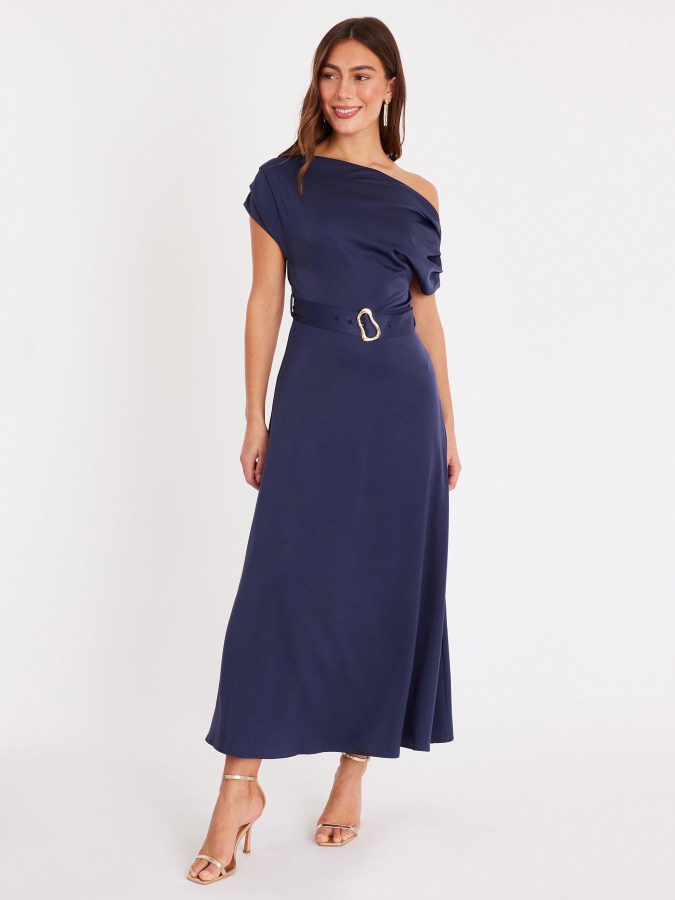 Quiz Navy Satin Off Shoulder Midaxi Dress