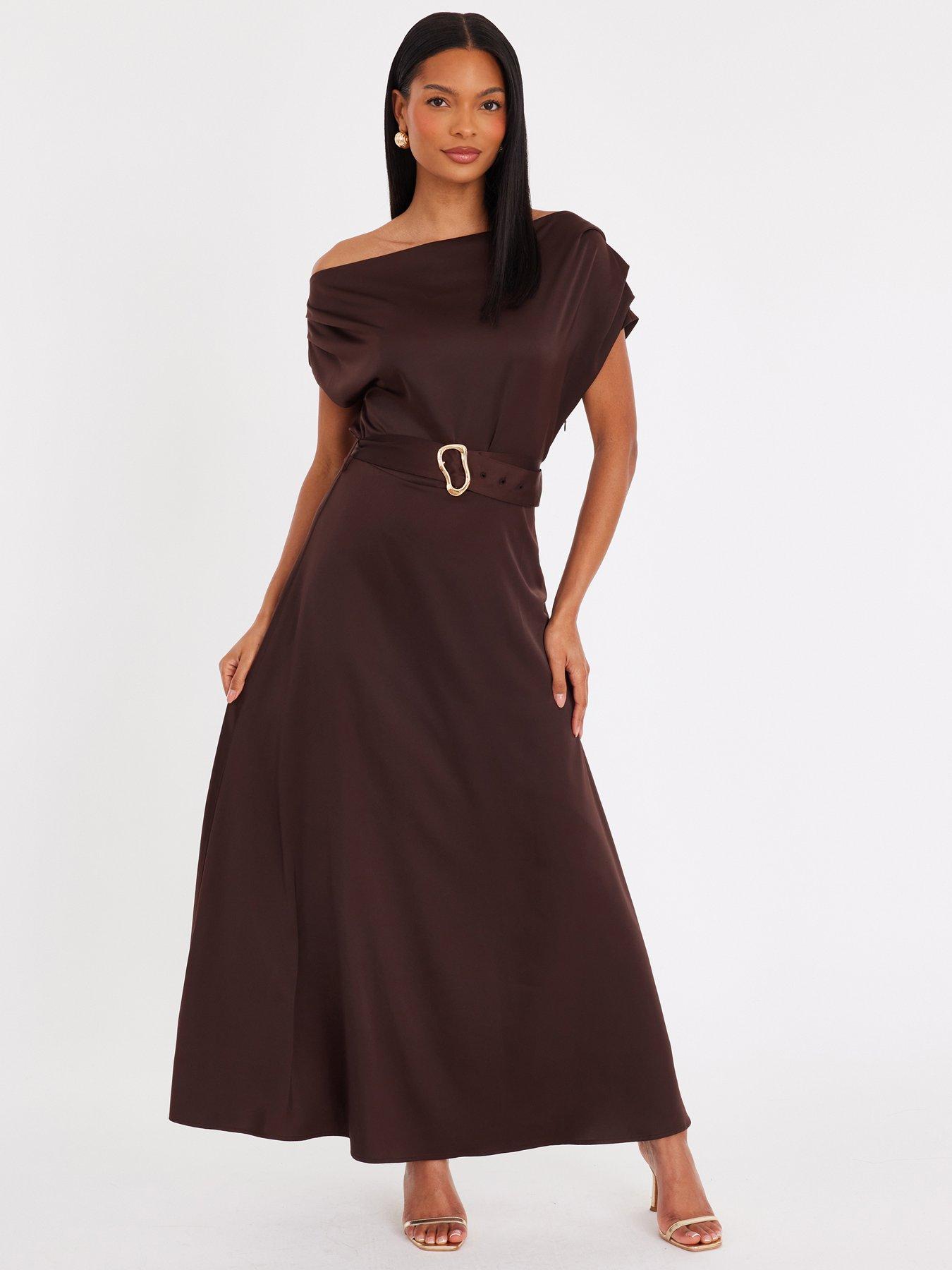 Image 1 of 6 of Quiz Brown Satin Off Shoulder Midaxi Dress