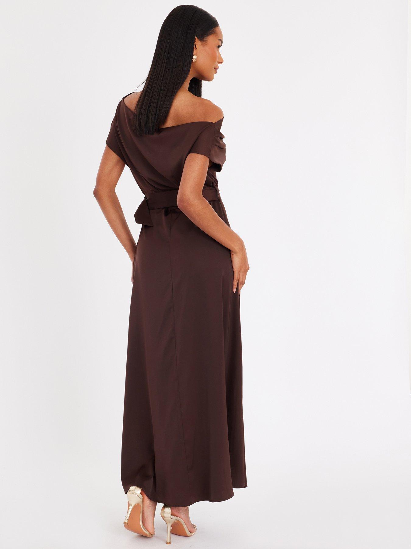 Image 2 of 6 of Quiz Brown Satin Off Shoulder Midaxi Dress