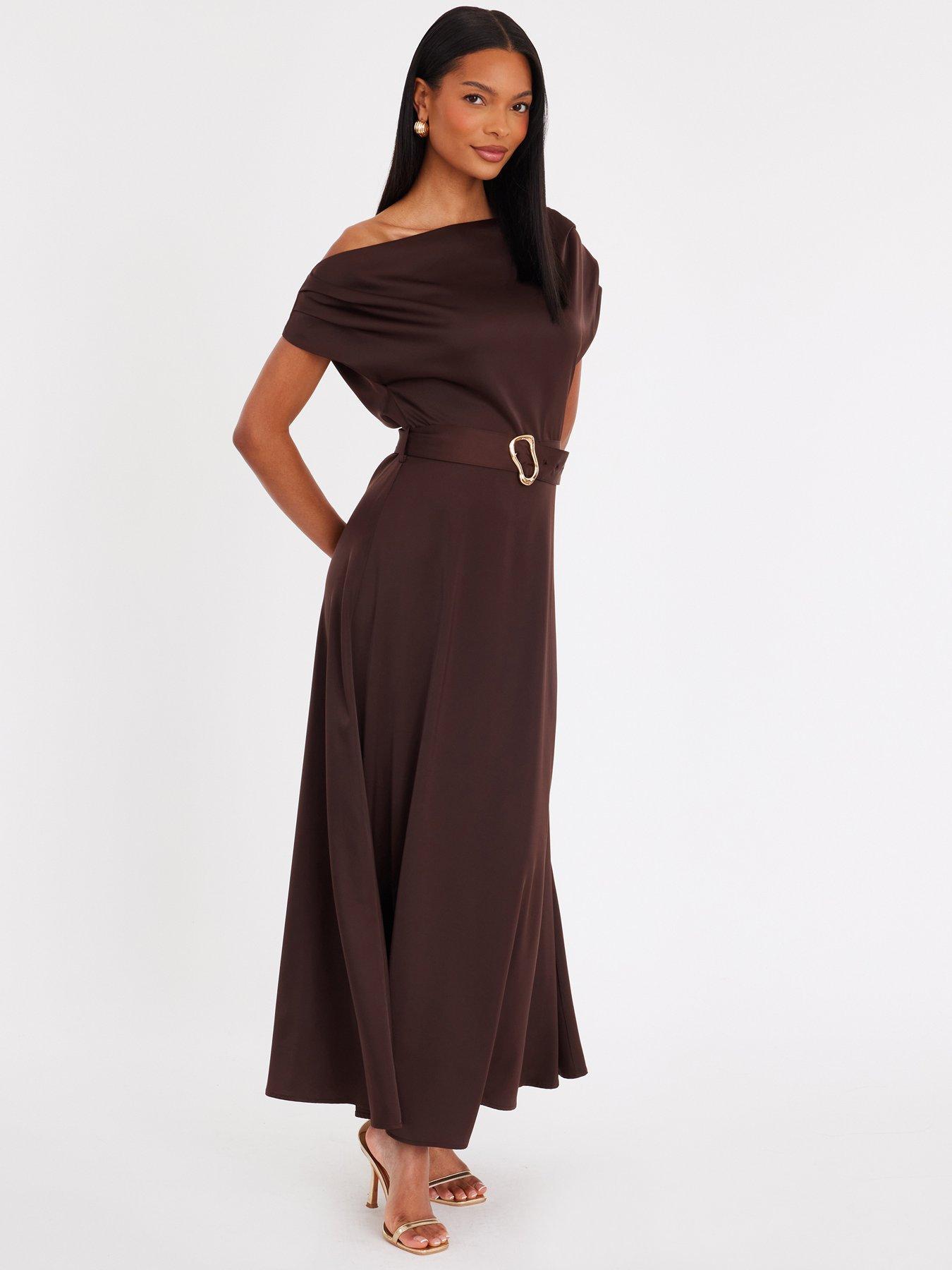 Image 3 of 6 of Quiz Brown Satin Off Shoulder Midaxi Dress