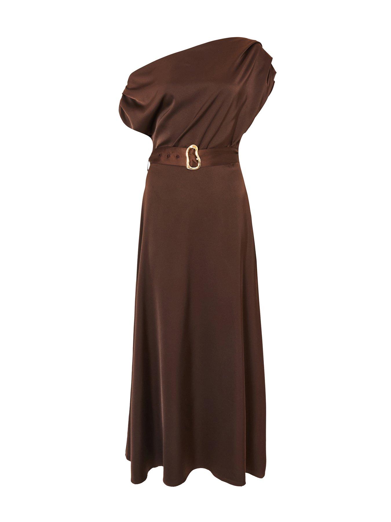 Image 4 of 6 of Quiz Brown Satin Off Shoulder Midaxi Dress