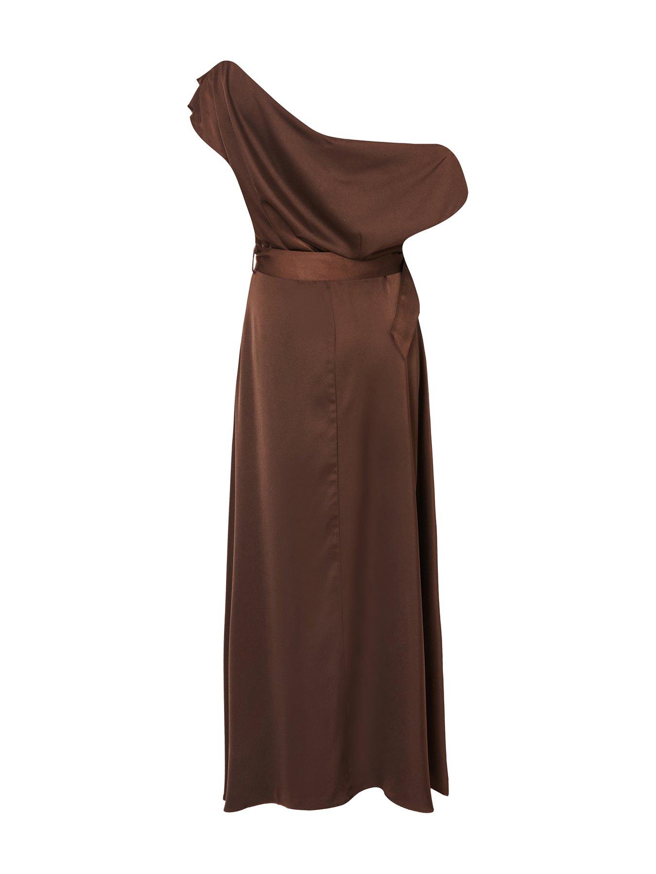 Image 5 of 6 of Quiz Brown Satin Off Shoulder Midaxi Dress