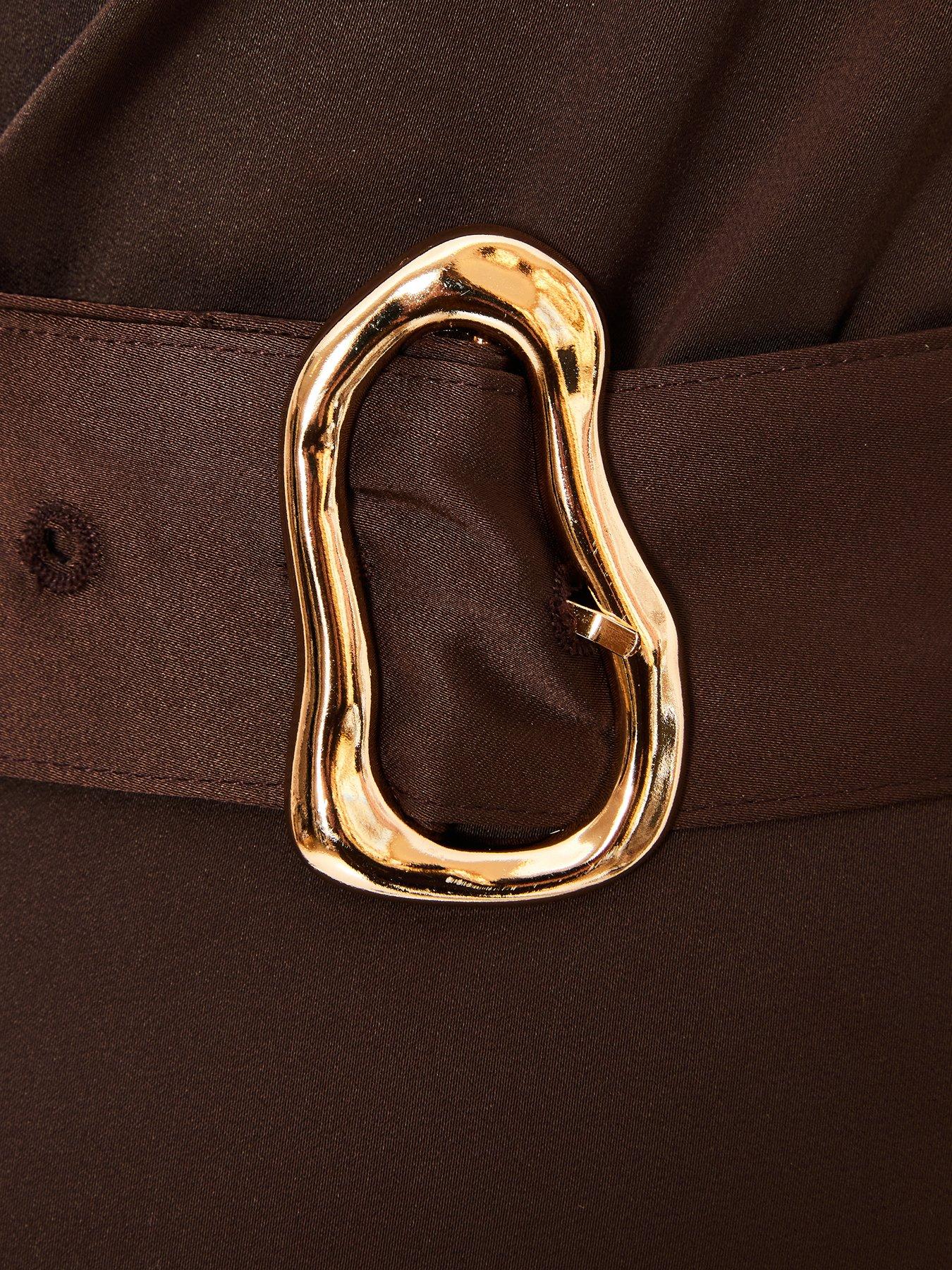 Image 6 of 6 of Quiz Brown Satin Off Shoulder Midaxi Dress