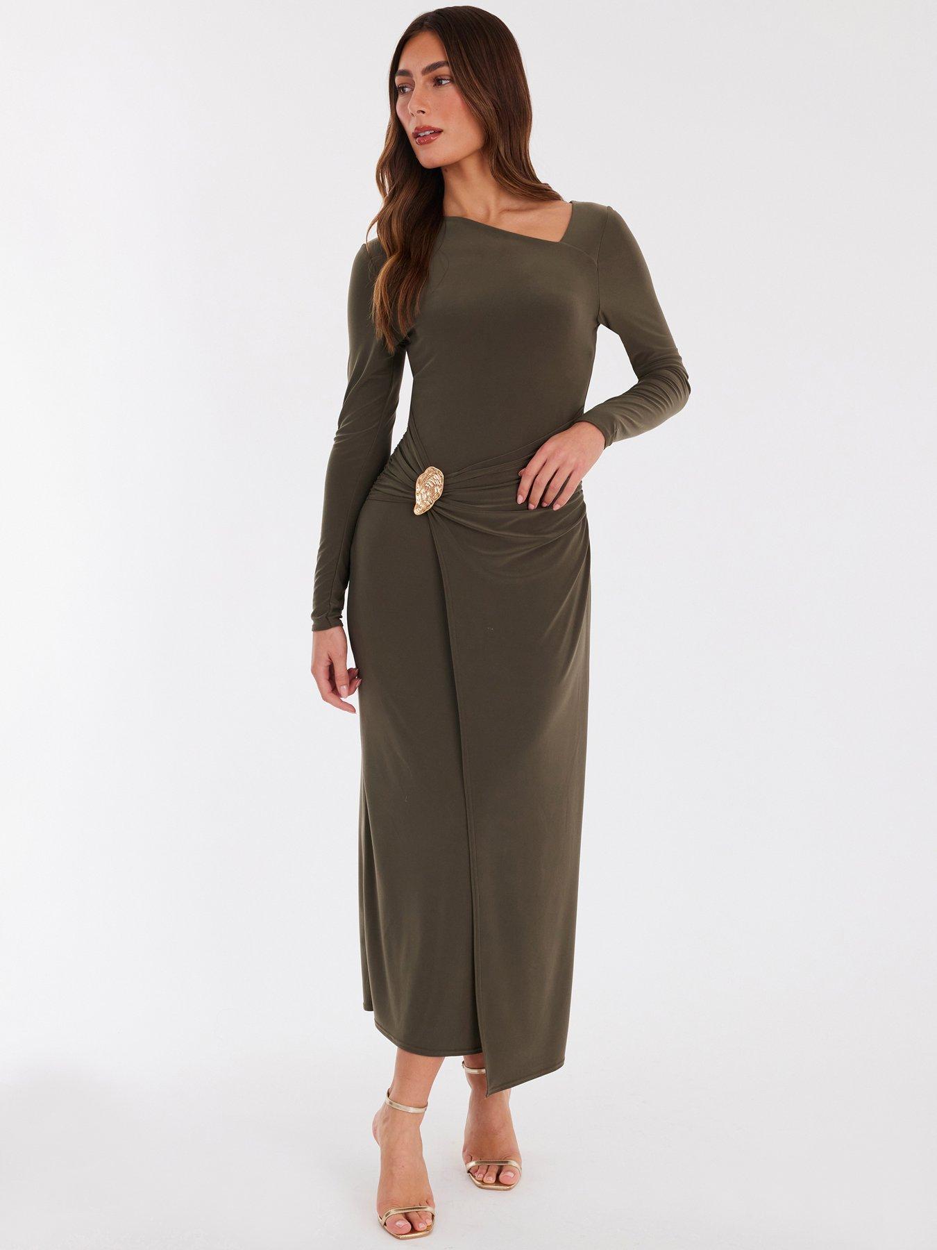 Quiz Khaki Long Sleeve Wrap Midaxi Dress