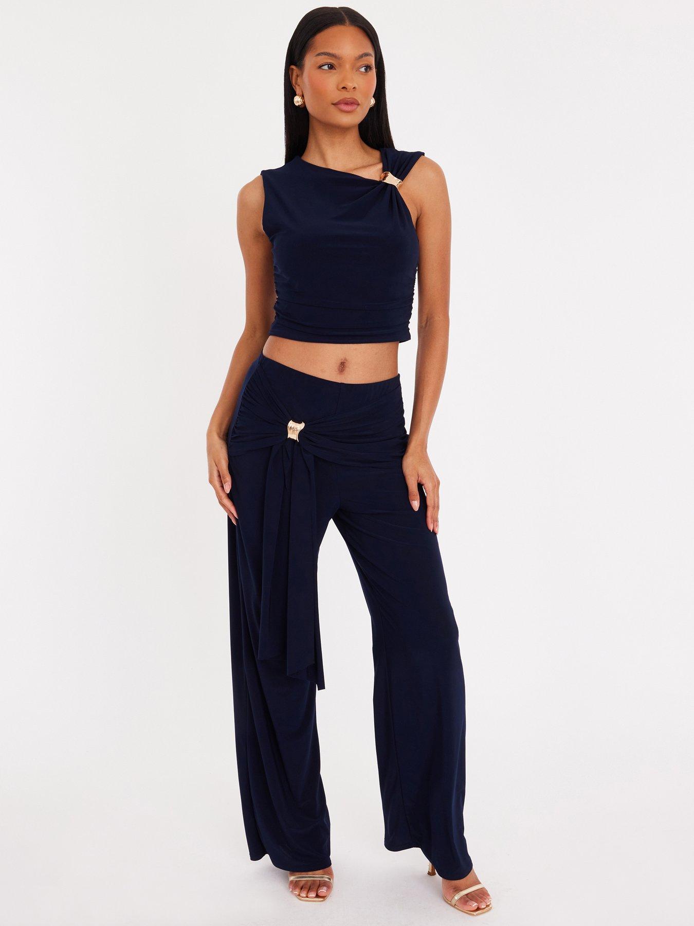 Quiz Navy Sash Detail Wide Leg Trousers