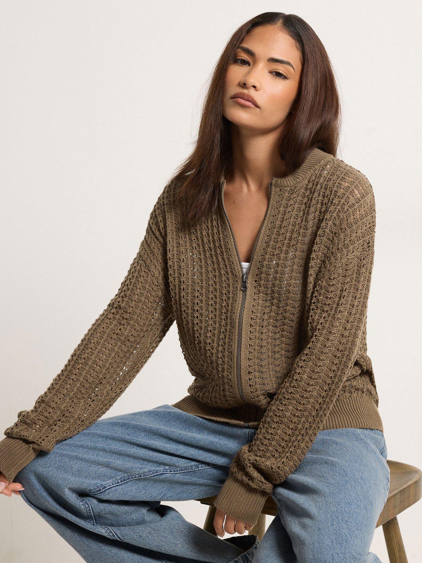 PixieGirl Petite Crochet Bomber Cardigan - Brown