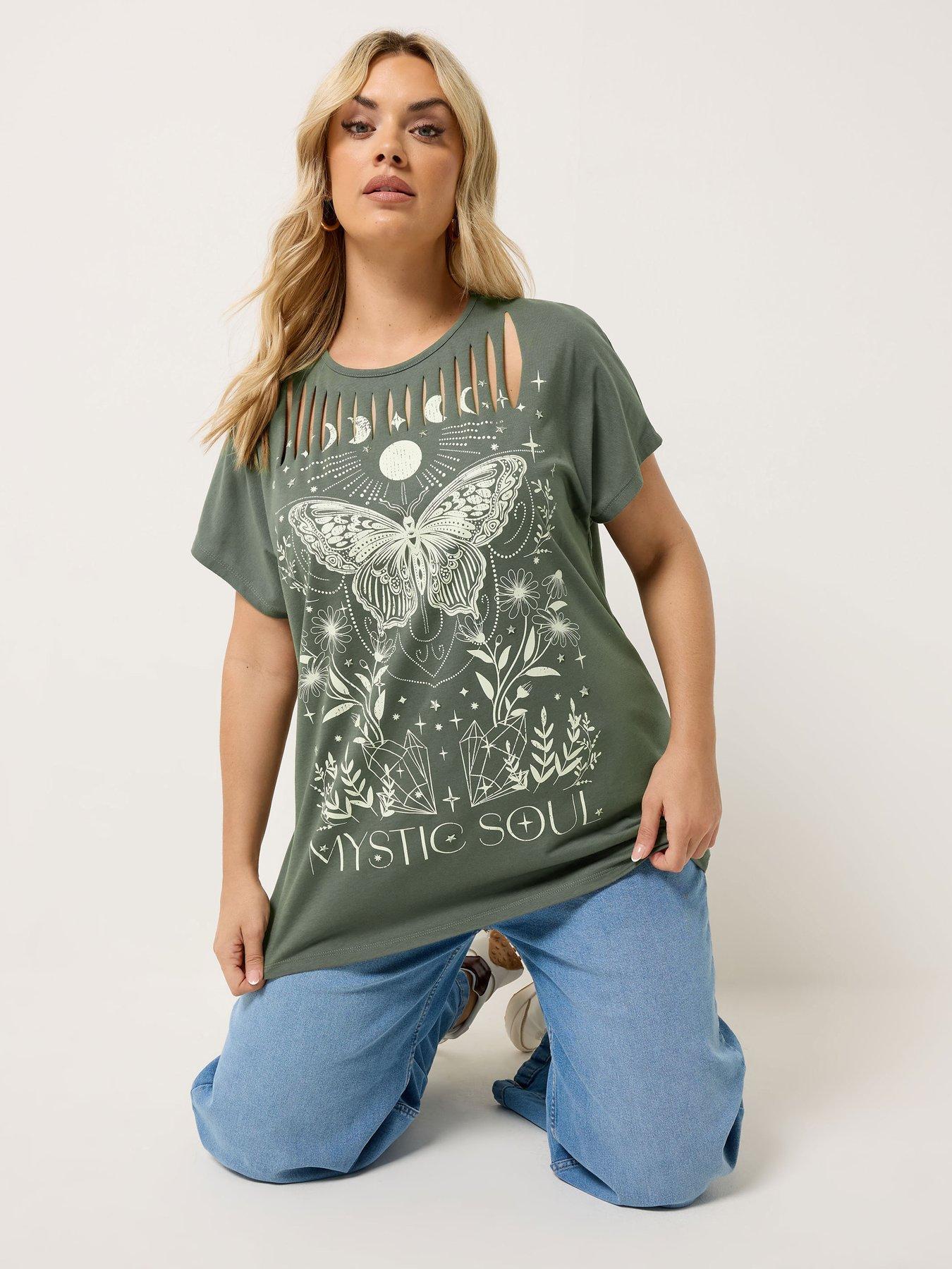 Yours Curve Placement Laser Cut T-Shirt - Green