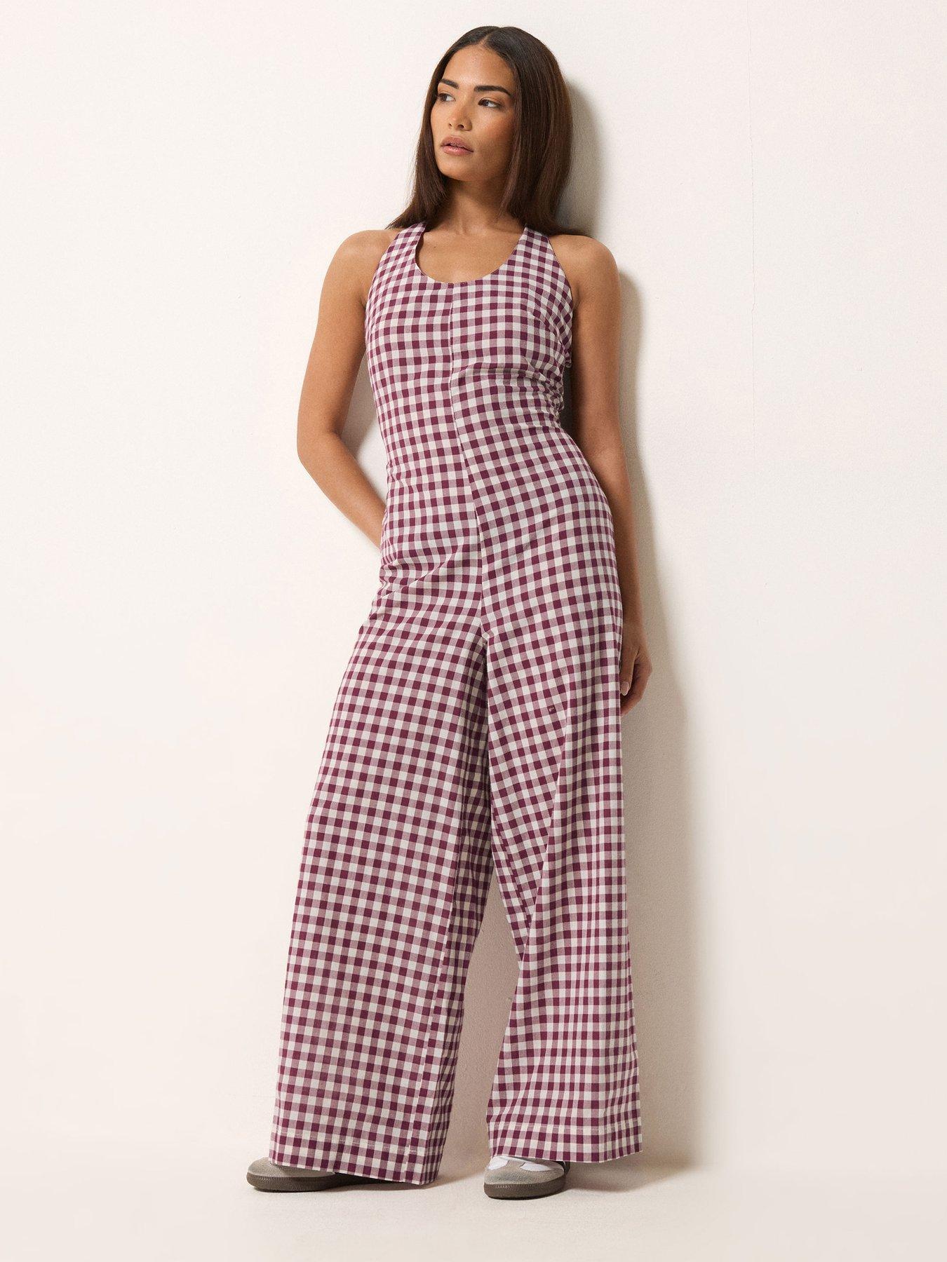 Image 1 of 5 of PixieGirl Petite Gingham Halter Wide Leg Jumpsuit - Purple